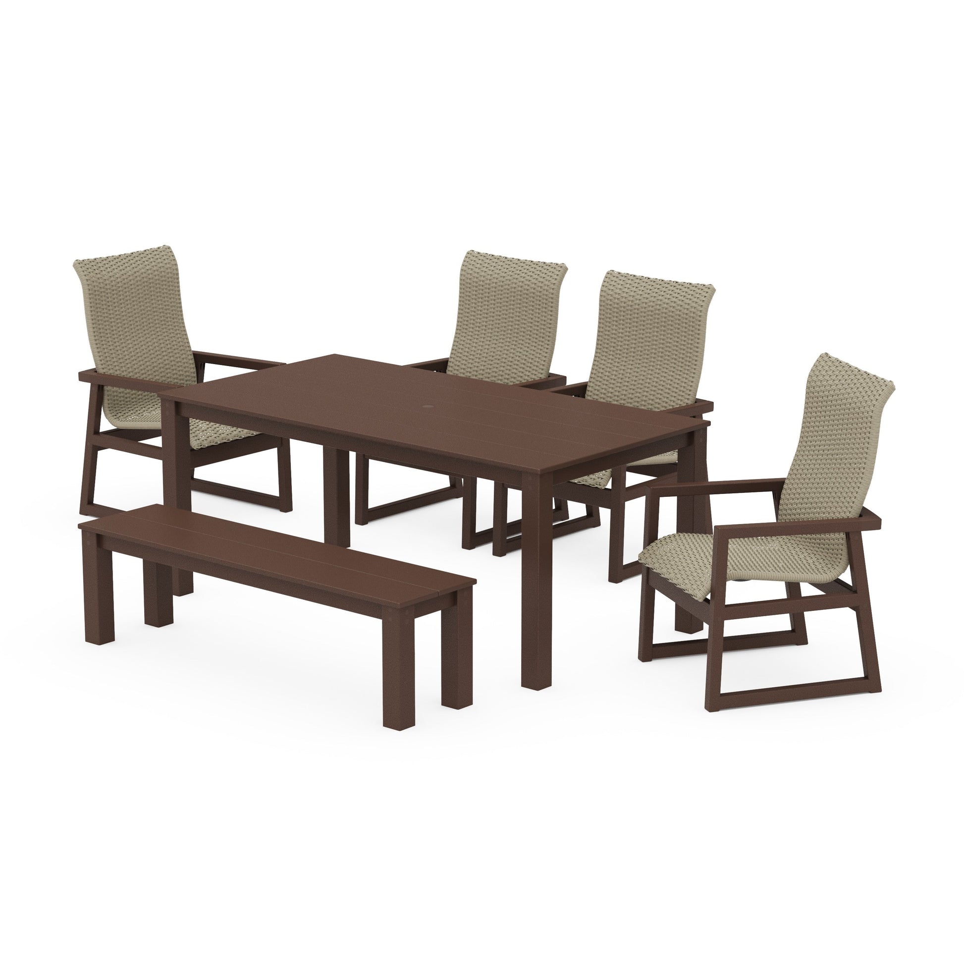 POLYWOOD EDGE Woven Highback 6-Piece Parsons Dining Set with Bench — Mahogany / Dune Grass