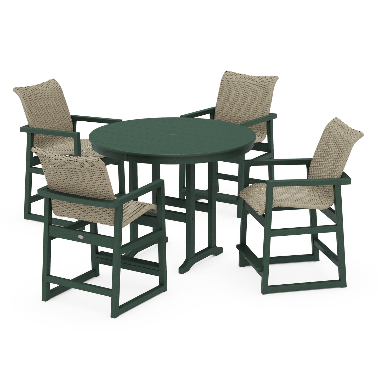 POLYWOOD EDGE Woven 5-Piece Round Farmhouse Counter Set — Green / Dune Grass