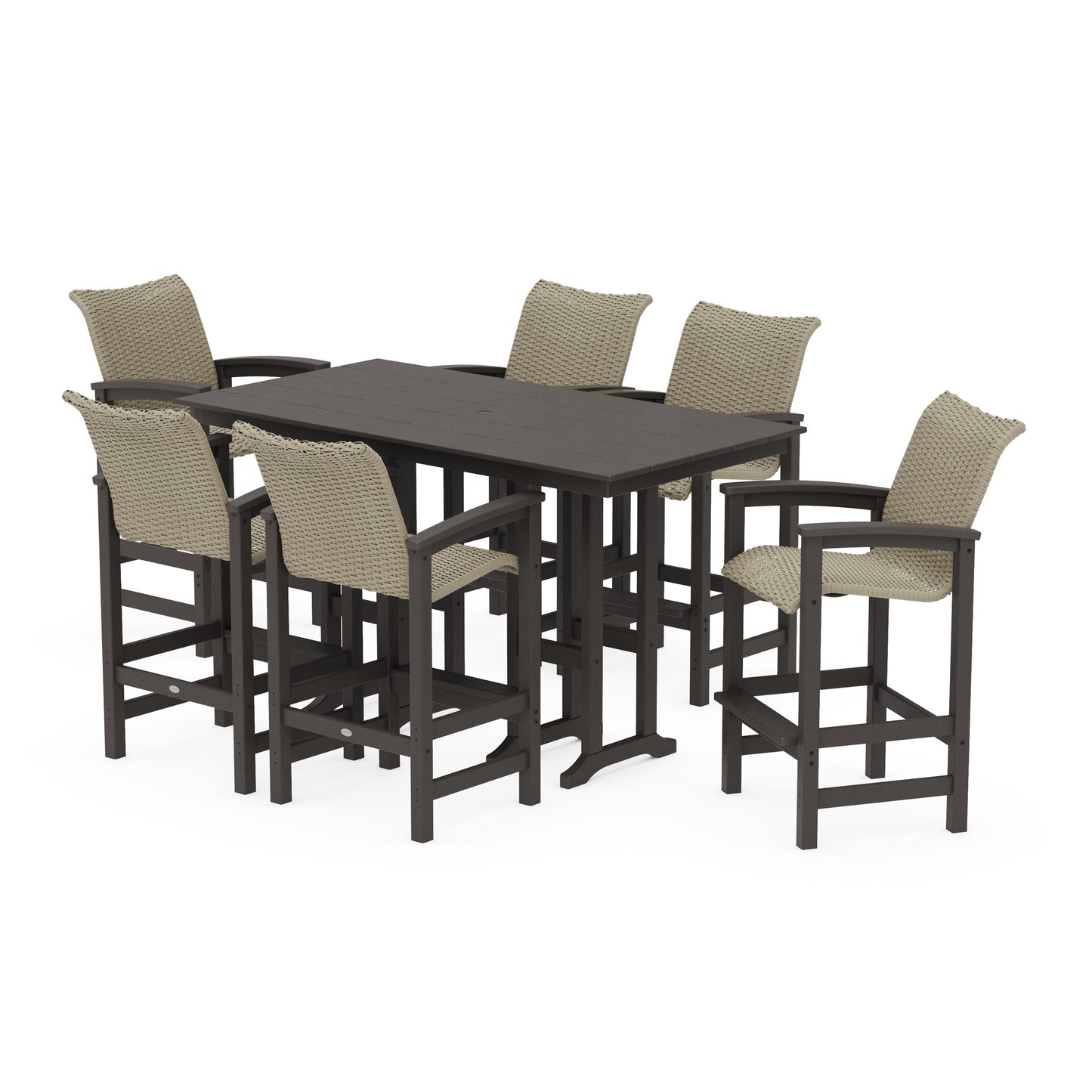 POLYWOOD Coastal Woven Arm Chair 7-Piece Farmhouse Bar Set — Vintage Coffee / Dune Grass