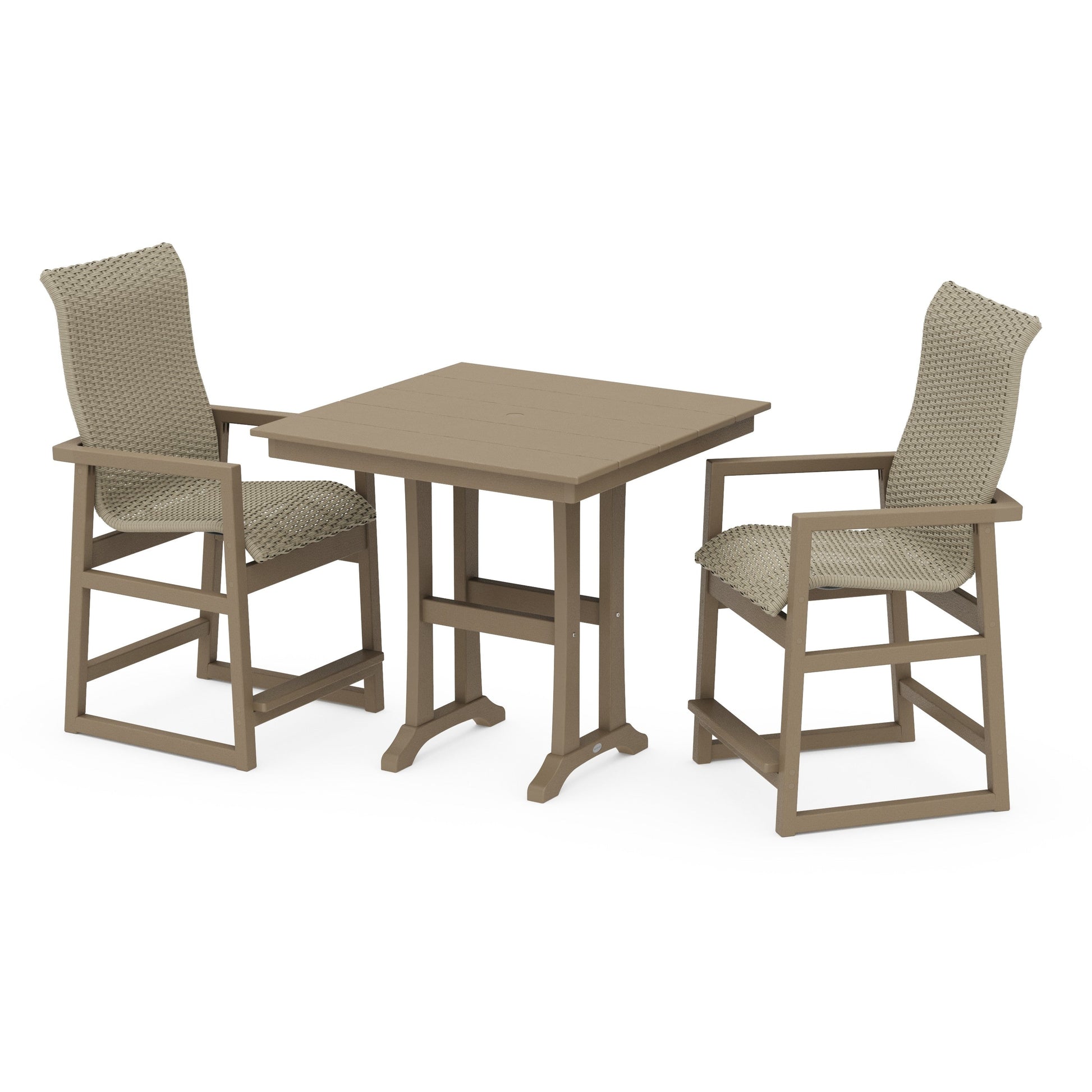 POLYWOOD EDGE Woven Highback 3-Piece Farmhouse Counter Set with Trestle Legs — Vintage Sahara / Dune Grass