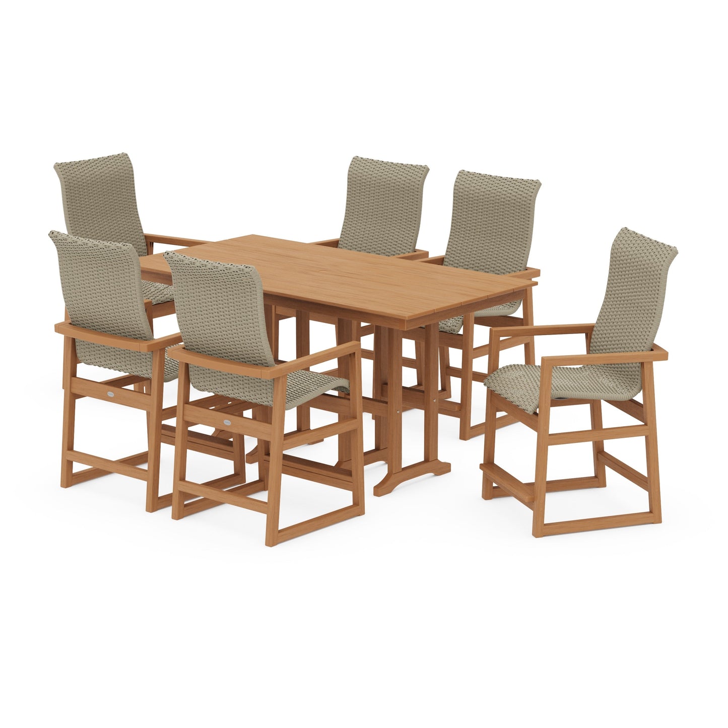 POLYWOOD EDGE Woven Highback Arm Chair 7-Piece Farmhouse Counter Set — Natural / Dune Grass