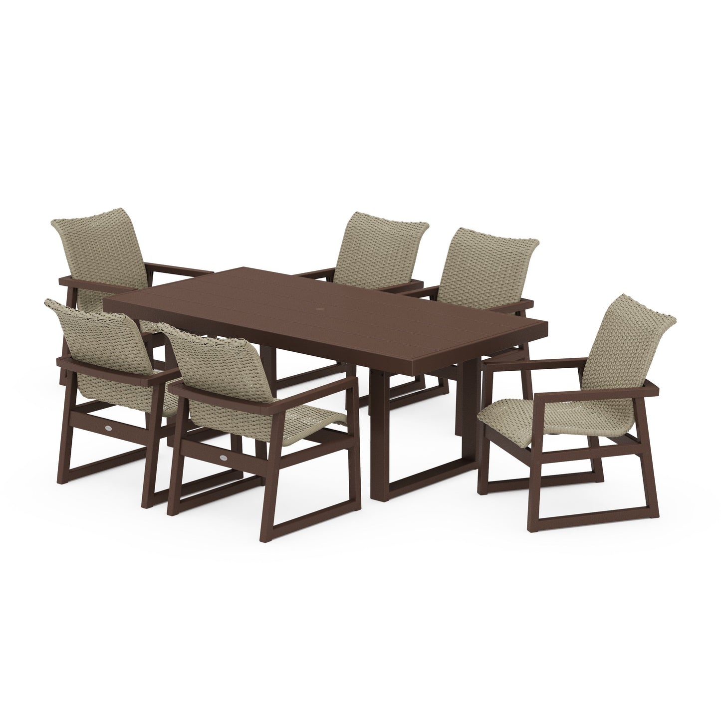 POLYWOOD EDGE Woven Arm Chair 7-Piece Dining Set — Mahogany / Dune Grass