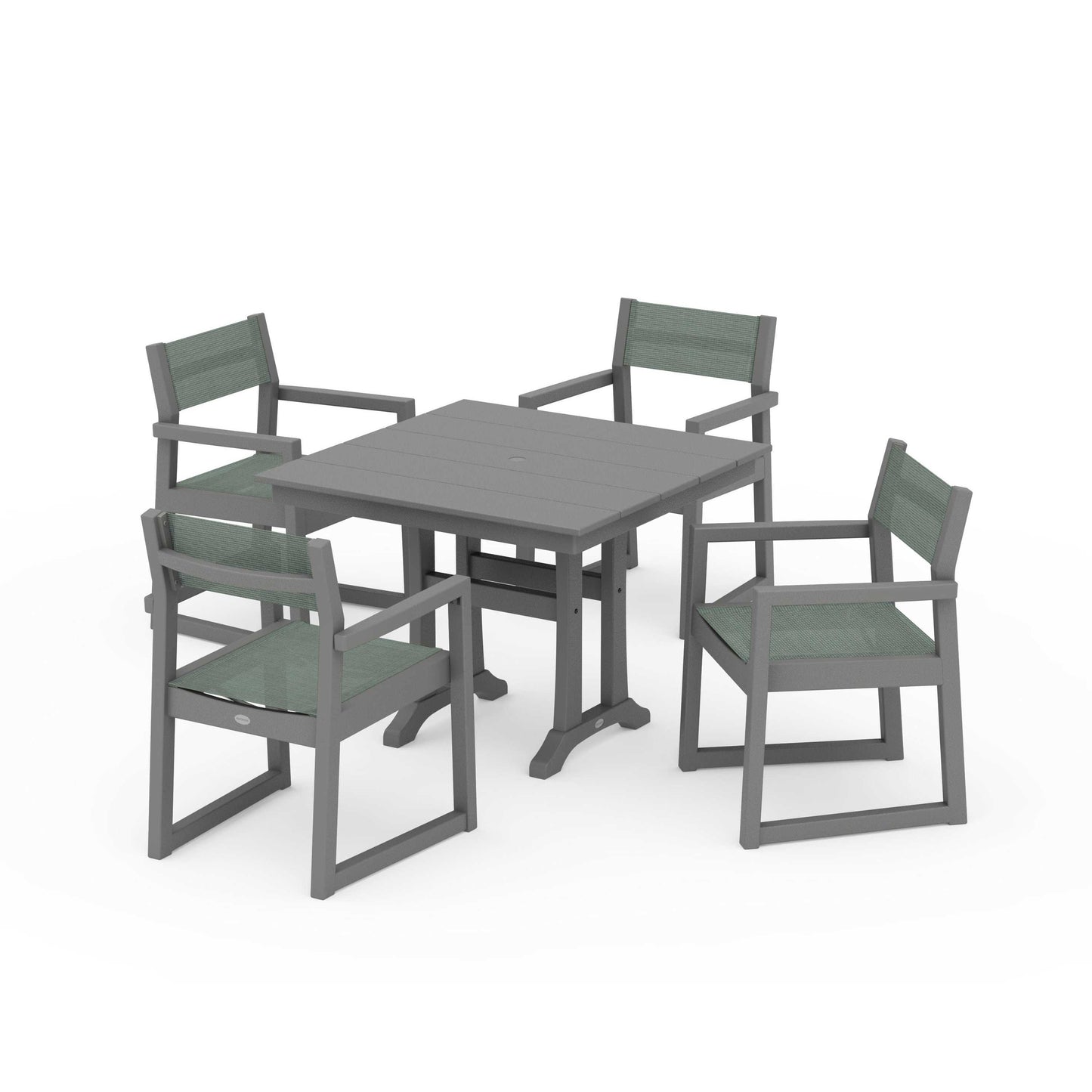 POLYWOOD EDGE Sling 5-Piece Farmhouse Dining Set with Trestle Legs — Slate Grey / Dupioni Sea Mist Sling