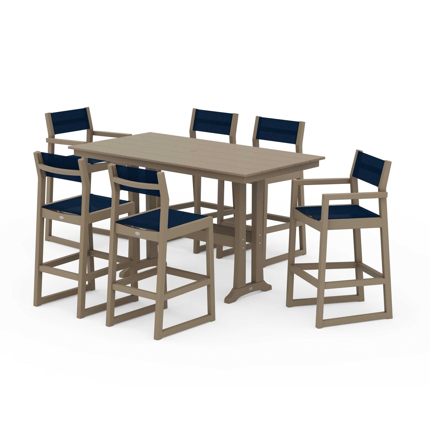 POLYWOOD EDGE Sling 7-Piece Farmhouse Bar Set with Trestle Legs — Vintage Sahara / Navy Blue Sling