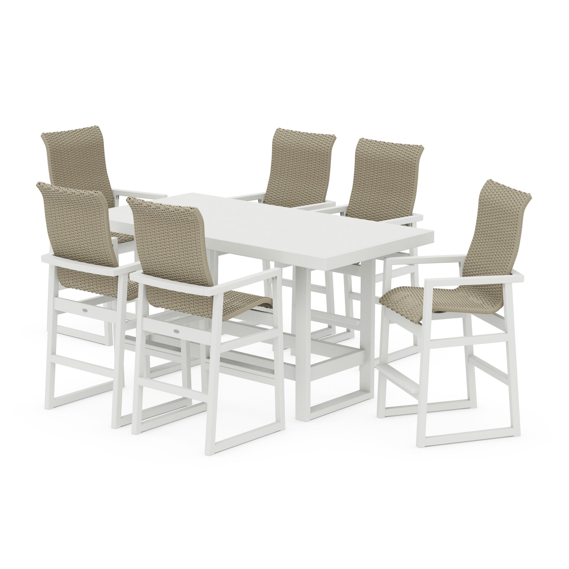 POLYWOOD EDGE Woven Highback Arm Chair 7-Piece Bar Set — Vintage White / Dune Grass