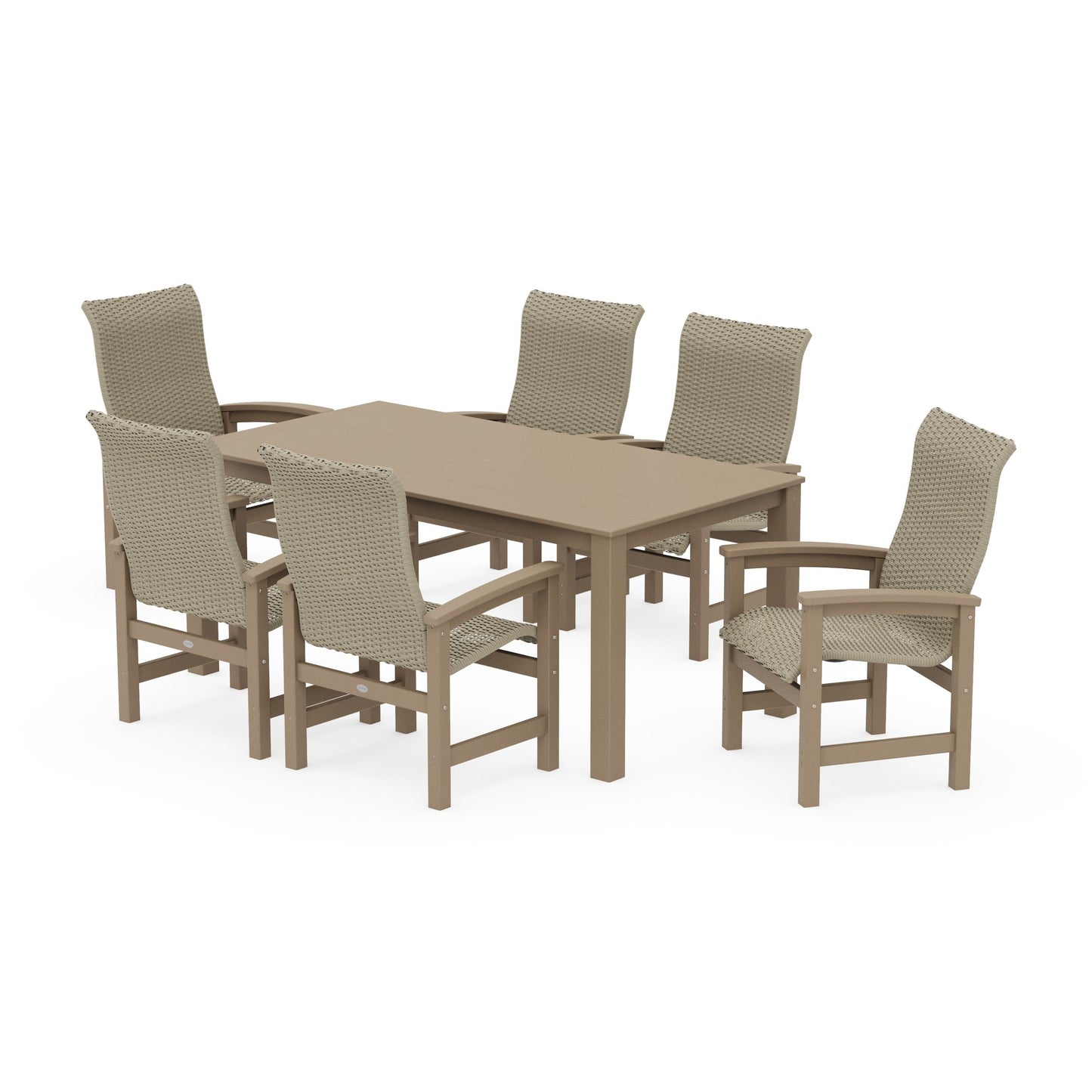 POLYWOOD Coastal Woven High-Back Arm Chair 7-Piece Parsons Dining Set — Vintage Sahara / Dune Grass