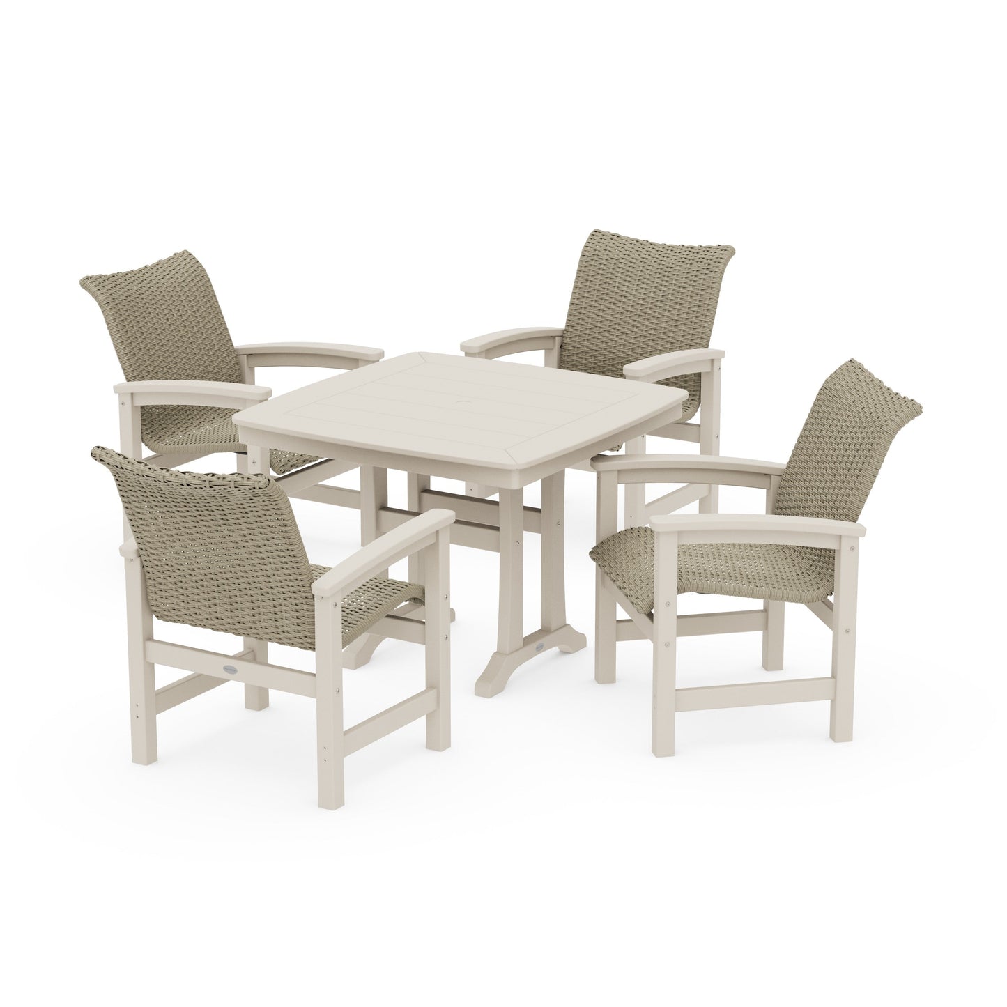 POLYWOOD Coastal Woven 5-Piece Dining Set with Trestle Legs — Sand / Dune Grass