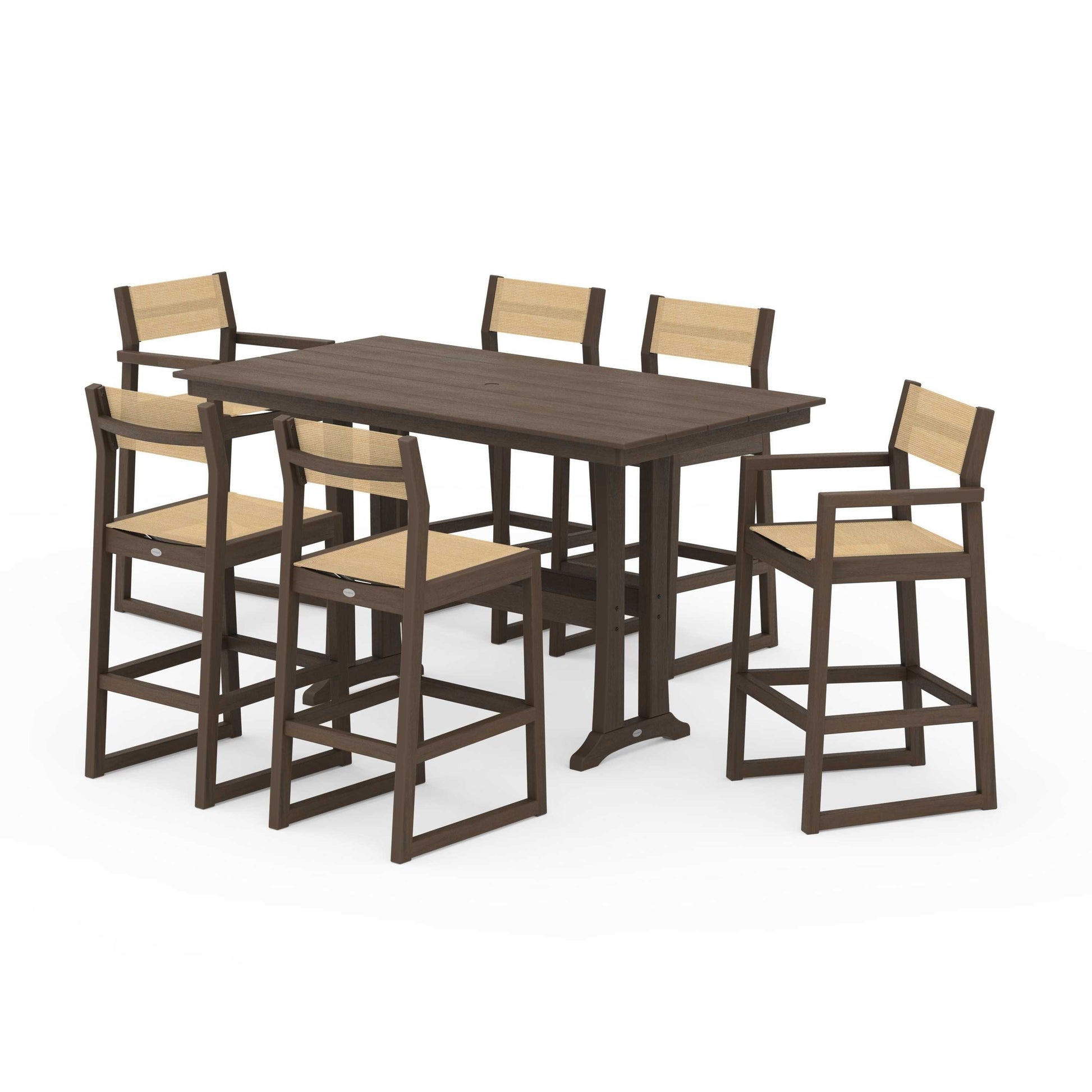 POLYWOOD EDGE Sling 7-Piece Farmhouse Bar Set with Trestle Legs — Kona / Dupioni Apricot Sling