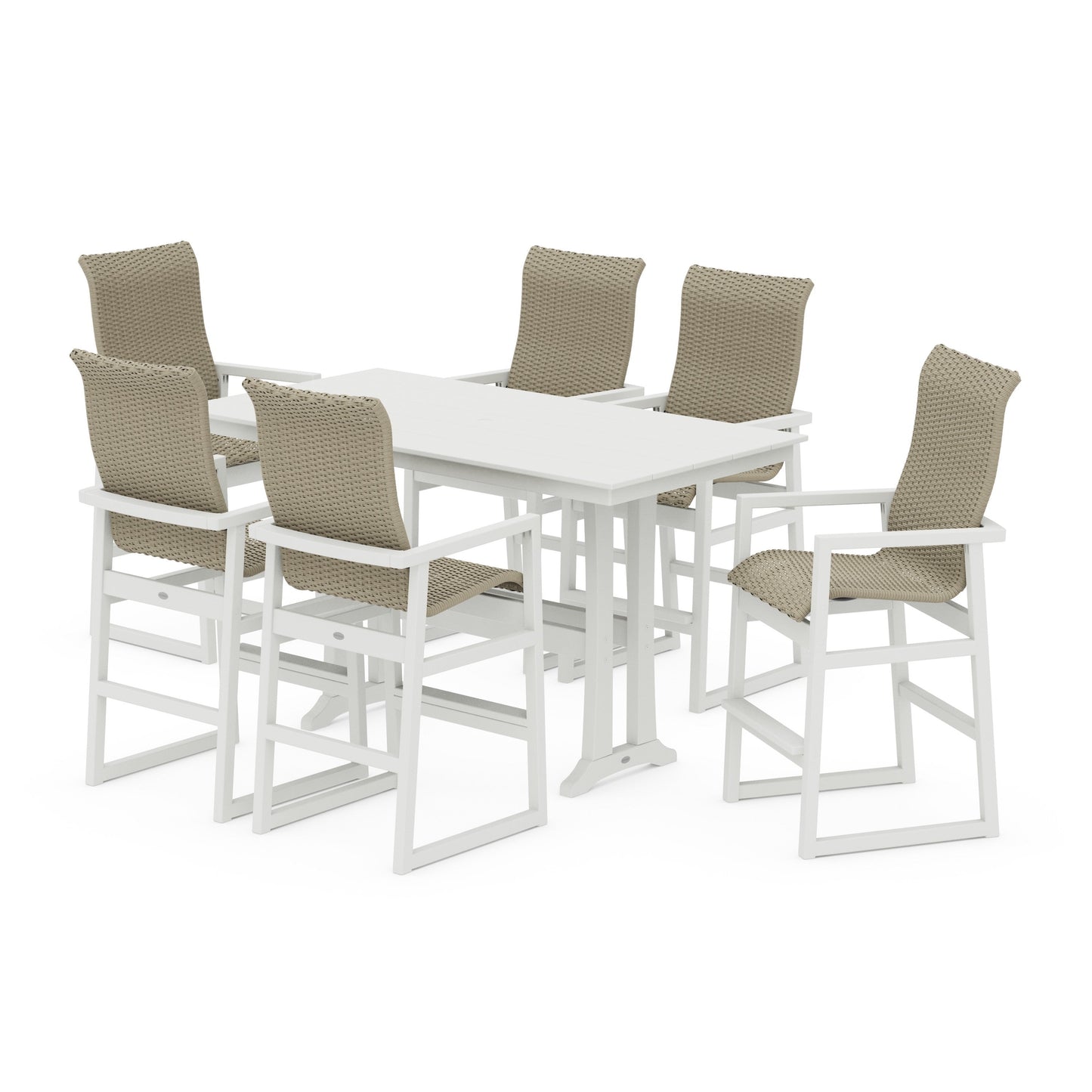 POLYWOOD EDGE Woven Highback Arm Chair 7-Piece Farmhouse Bar Set with Trestle Legs — White / Dune Grass