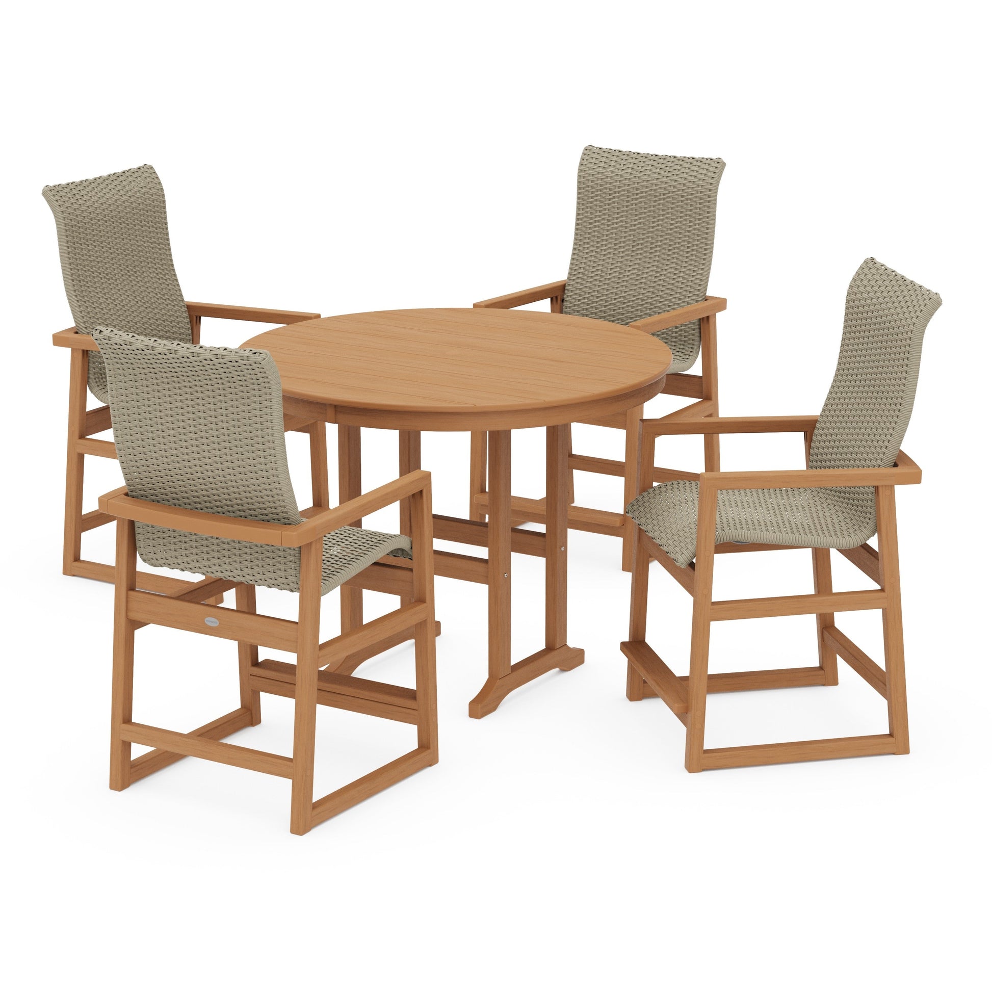 POLYWOOD EDGE Woven Highback 5-Piece Round Farmhouse Counter Set — Natural / Dune Grass