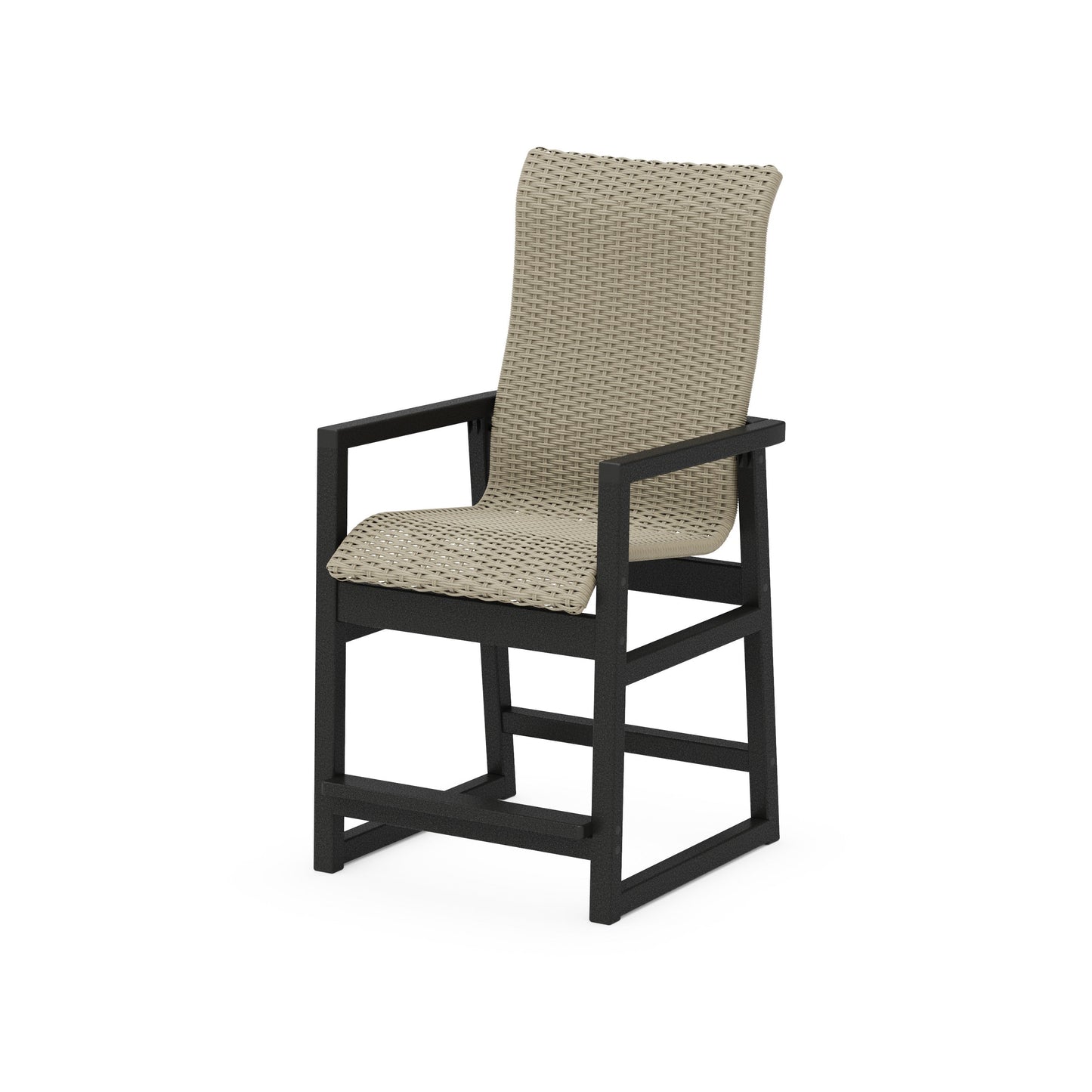 POLYWOOD EDGE Woven High-Back Counter Arm Chair — Black / Dune Grass
