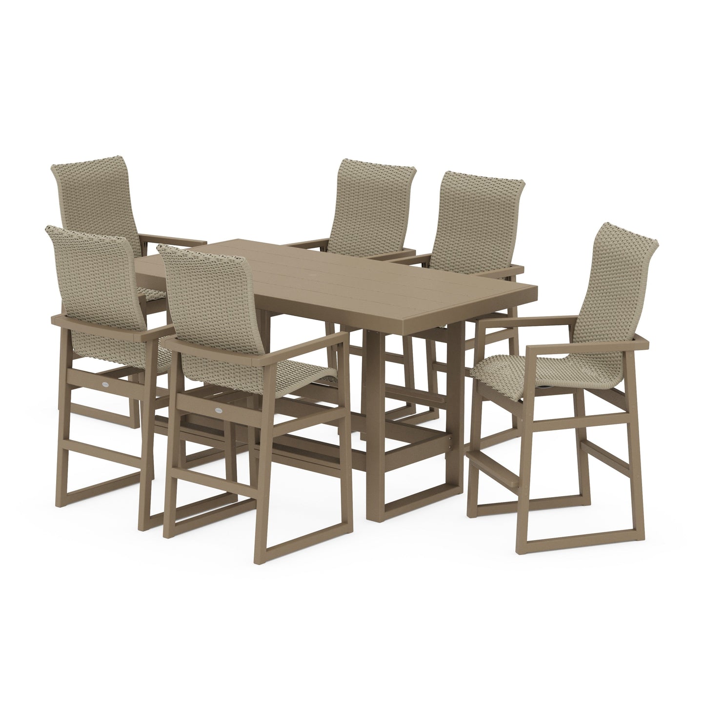 POLYWOOD EDGE Woven Highback Arm Chair 7-Piece Bar Set — Vintage Sahara / Dune Grass