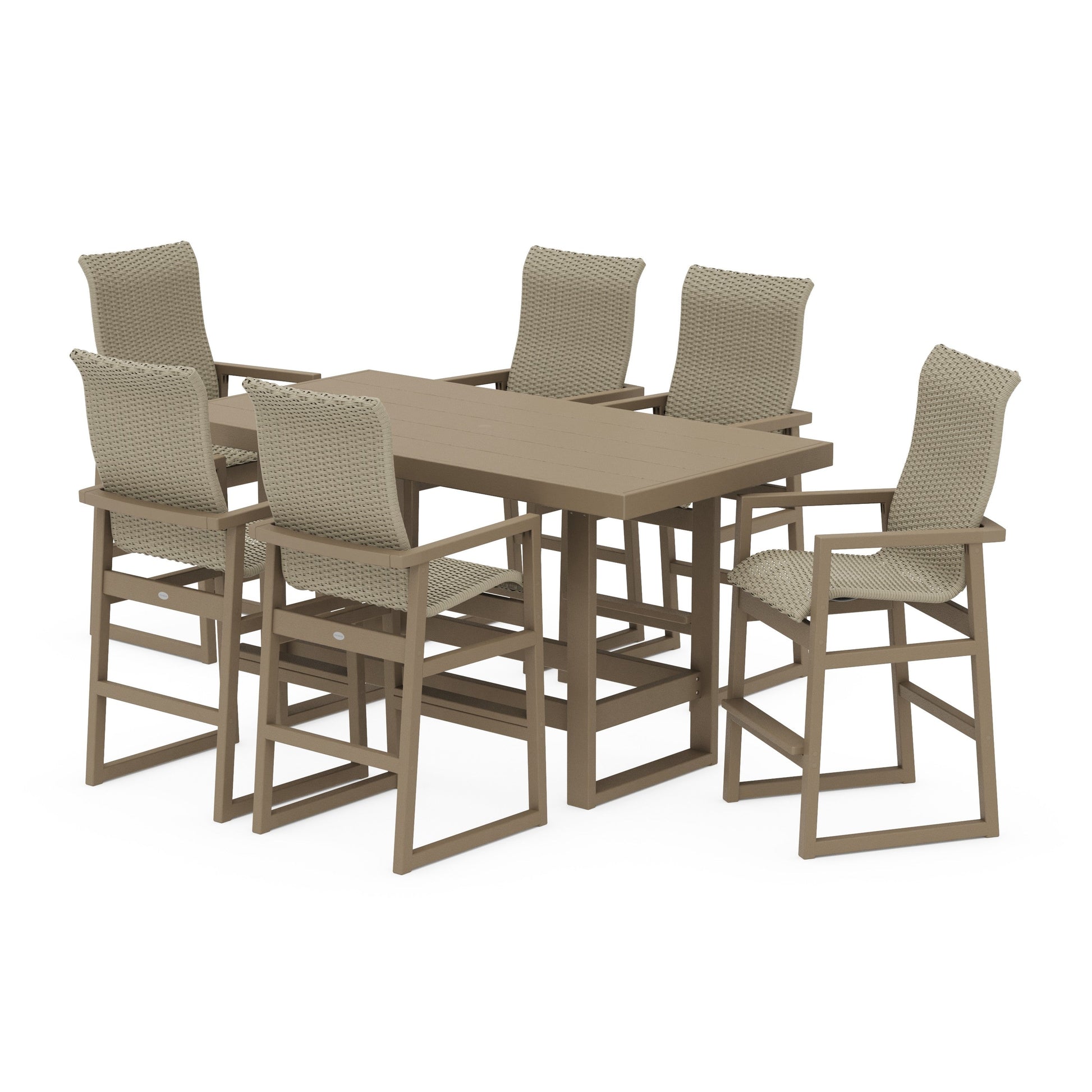 POLYWOOD EDGE Woven Highback Arm Chair 7-Piece Bar Set — Vintage Sahara / Dune Grass