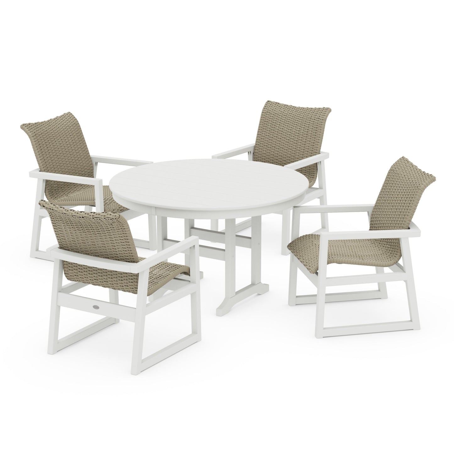 POLYWOOD EDGE Woven 5-Piece Round Farmhouse Dining Set — Vintage White / Dune Grass