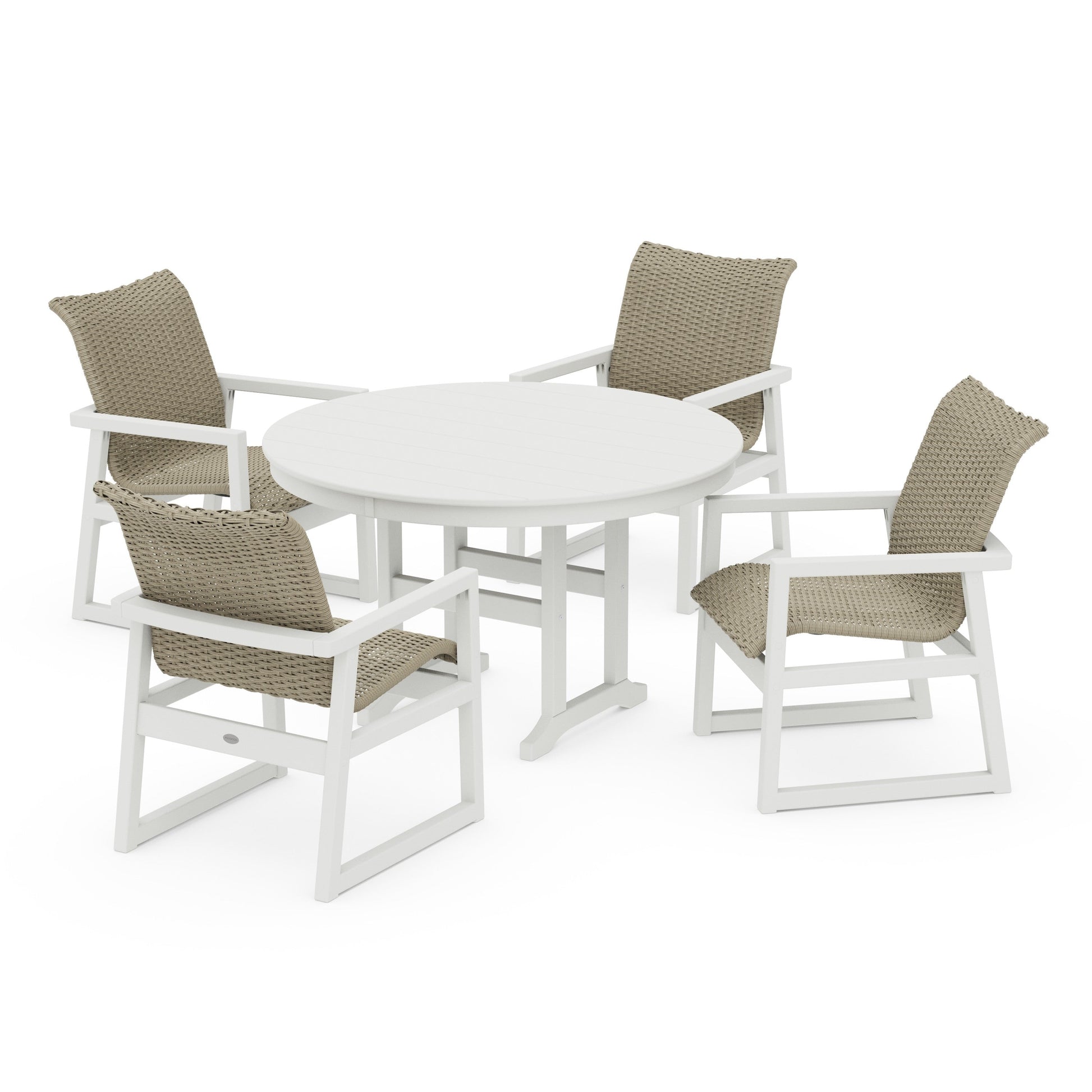 POLYWOOD EDGE Woven 5-Piece Round Farmhouse Dining Set — Vintage White / Dune Grass