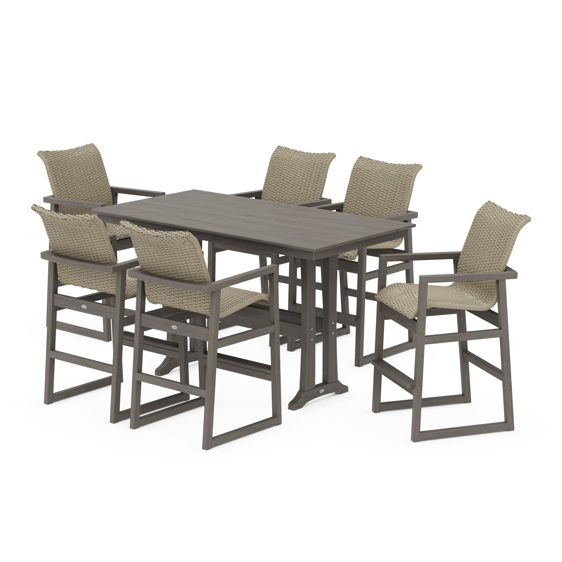 POLYWOOD EDGE Woven Arm Chair 7-Piece Farmhouse Bar Set with Trestle Legs — Driftwood / Dune Grass
