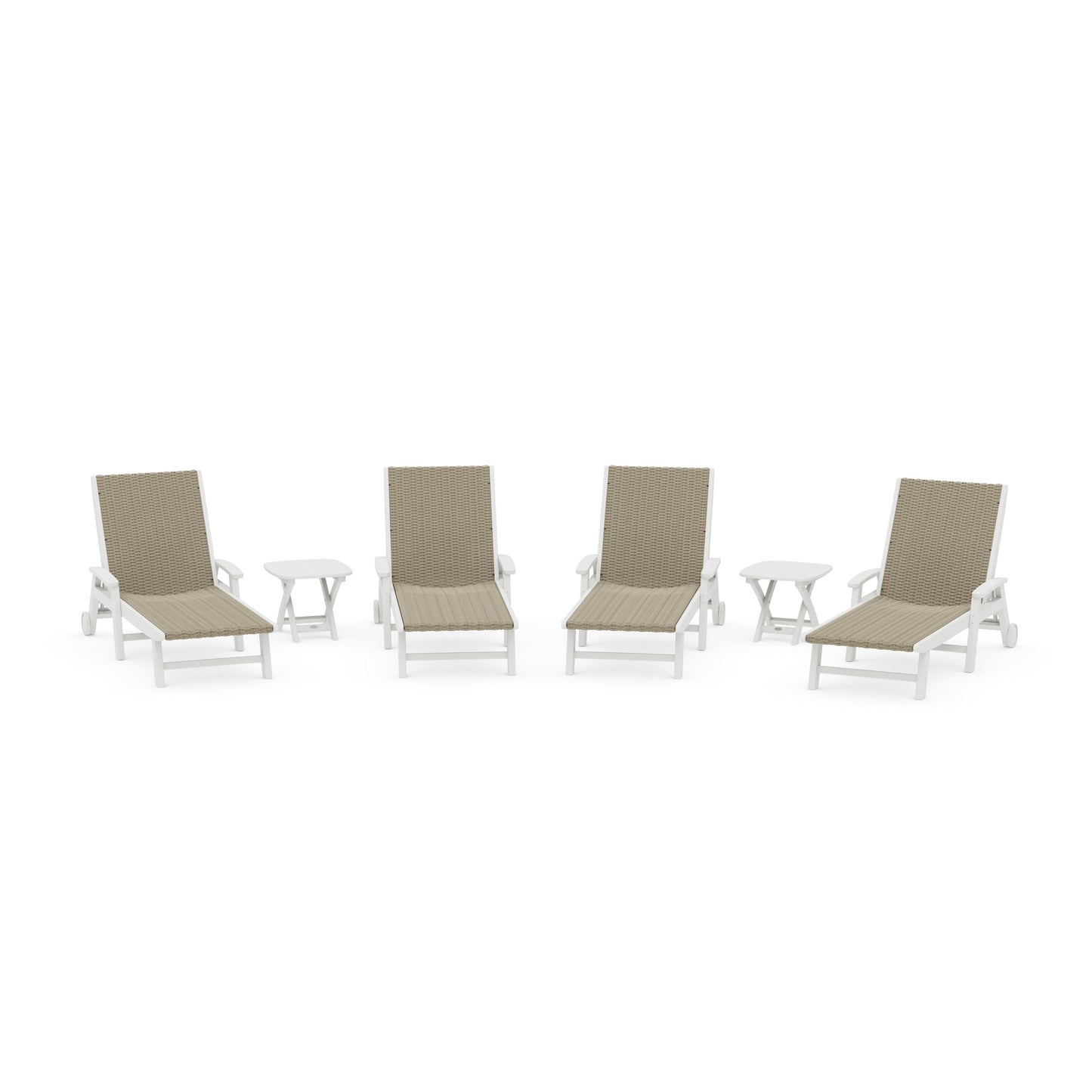 POLYWOOD 6- Piece Coastal Woven Chaise with Arms and Wheels Chaise Lounge Set — Vintage White / Dune Grass