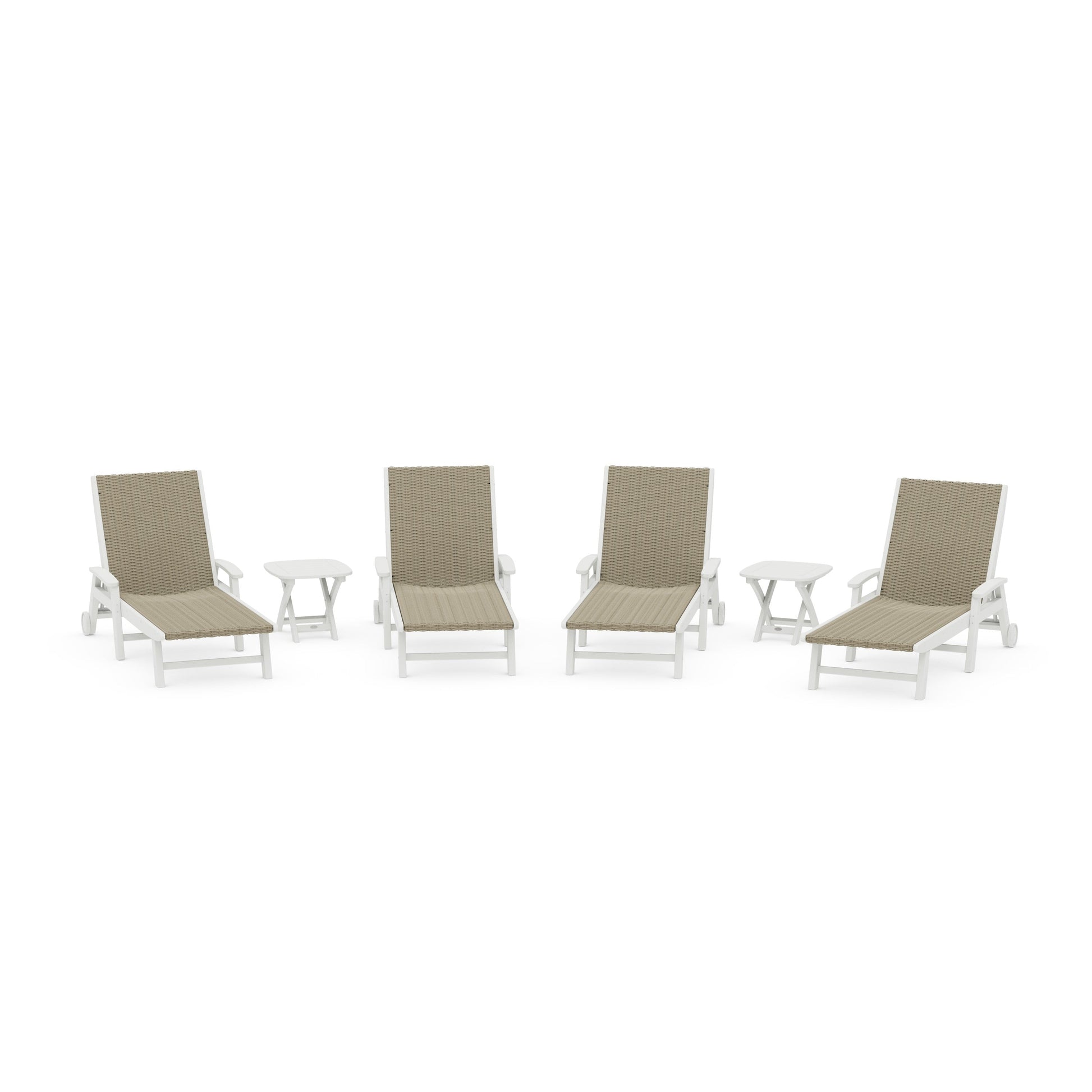 POLYWOOD 6- Piece Coastal Woven Chaise with Arms and Wheels Chaise Lounge Set — Vintage White / Dune Grass