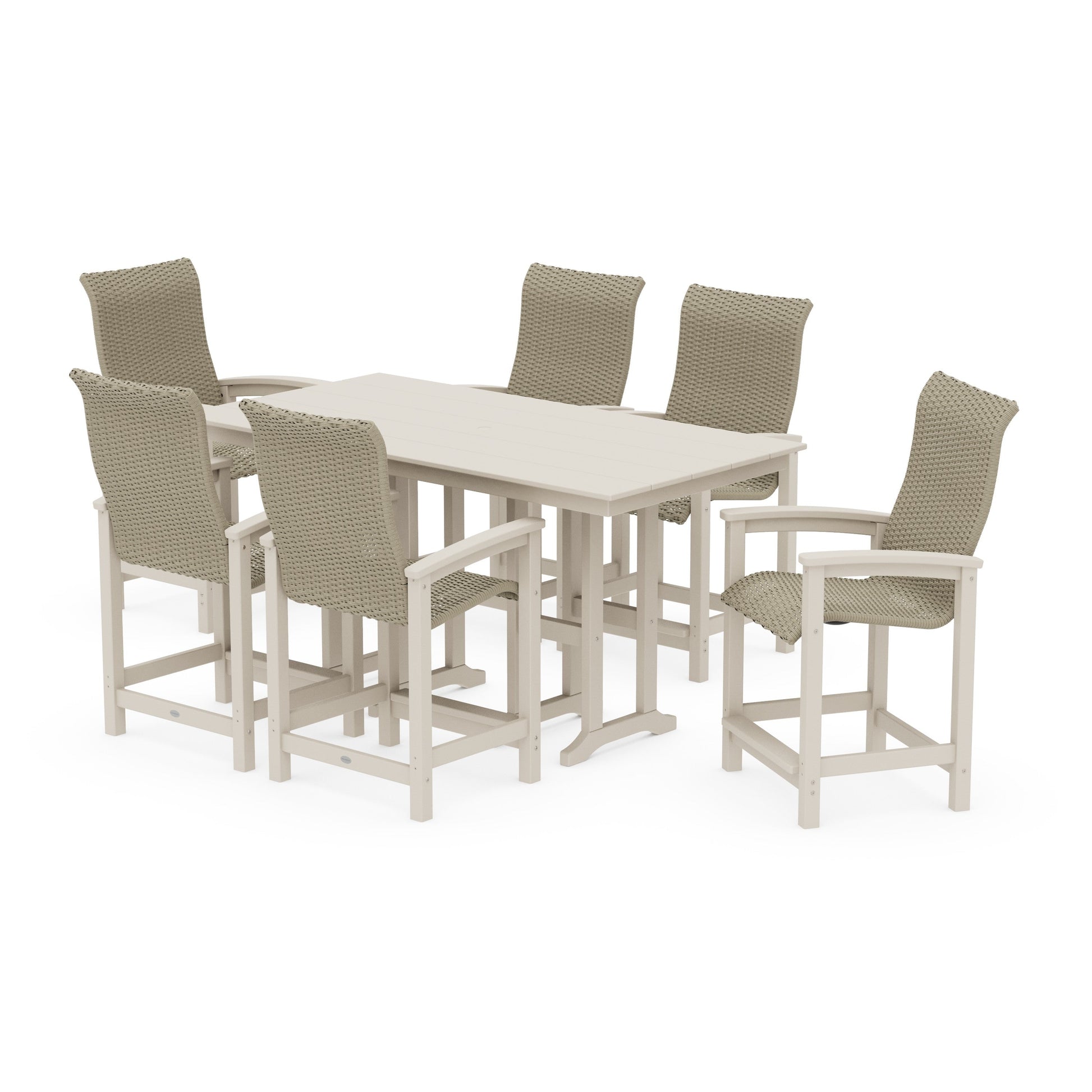 POLYWOOD Coastal Woven High-Back Arm Chair 7-Piece Farmhouse Counter Set — Sand / Dune Grass