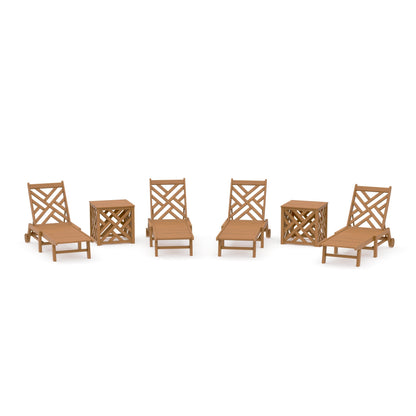 POLYWOOD Chippendale 6-Piece Chaise Set with Wheels and Umbrella Stand Accent Table — Natural