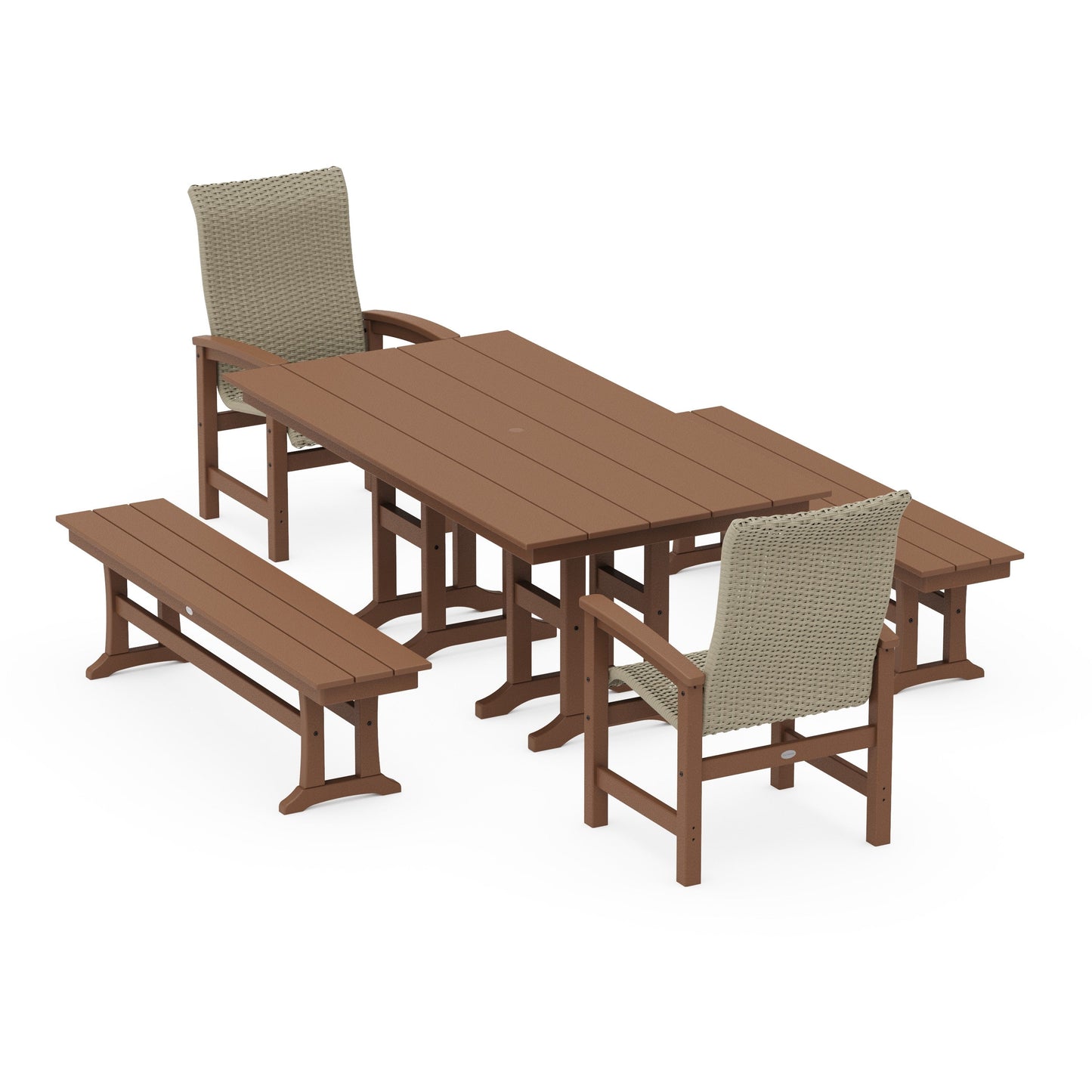 POLYWOOD Coastal Woven High-Back 5-Piece Farmhouse Dining Set with Benches — Teak / Dune Grass