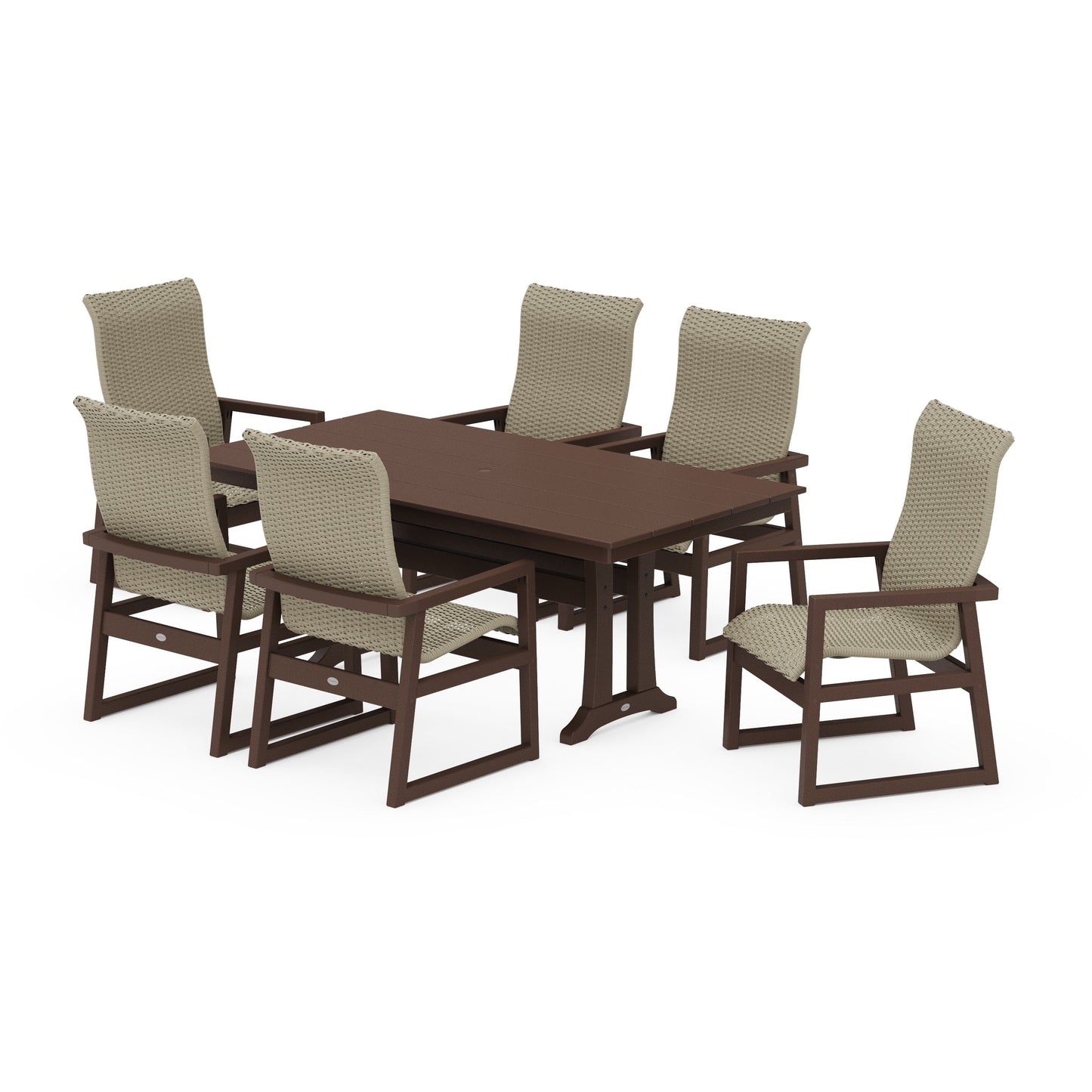 POLYWOOD EDGE Woven Highback Arm Chair 7-Piece Farmhouse Dining Set with Trestle Legs — Mahogany / Dune Grass