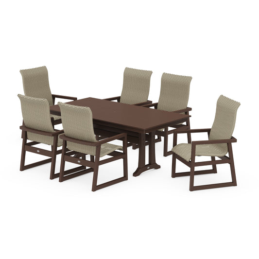 POLYWOOD EDGE Woven Highback Arm Chair 7-Piece Farmhouse Dining Set with Trestle Legs — Mahogany / Dune Grass