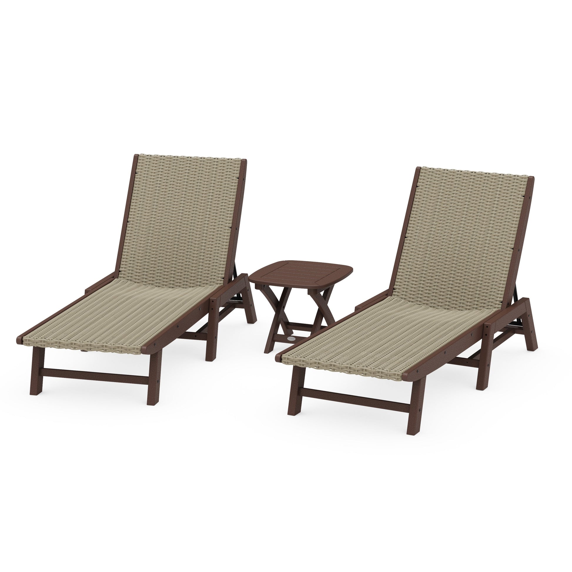 POLYWOOD 3 - Piece Coastal Woven Chaise Chaise Lounge Set — Mahogany / Dune Grass