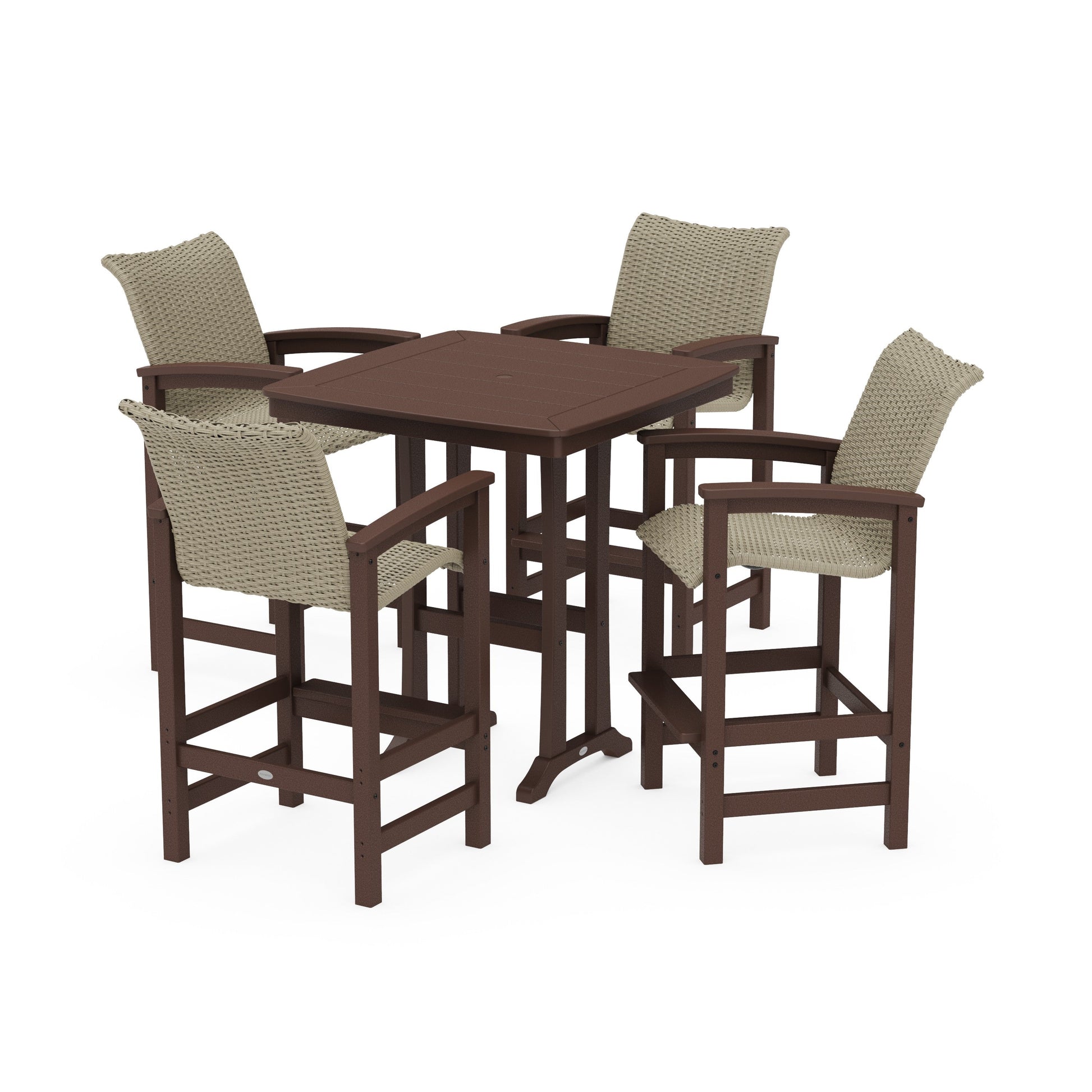 POLYWOOD Coastal Woven 5-Piece Bar Set with Trestle Legs — Mahogany / Dune Grass