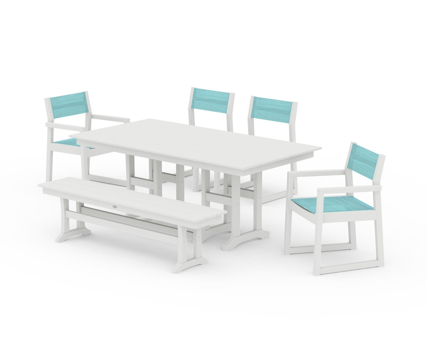 POLYWOOD EDGE Sling 6-Piece Farmhouse Dining Set — Vintage White / Dupioni Aquamarine Sling