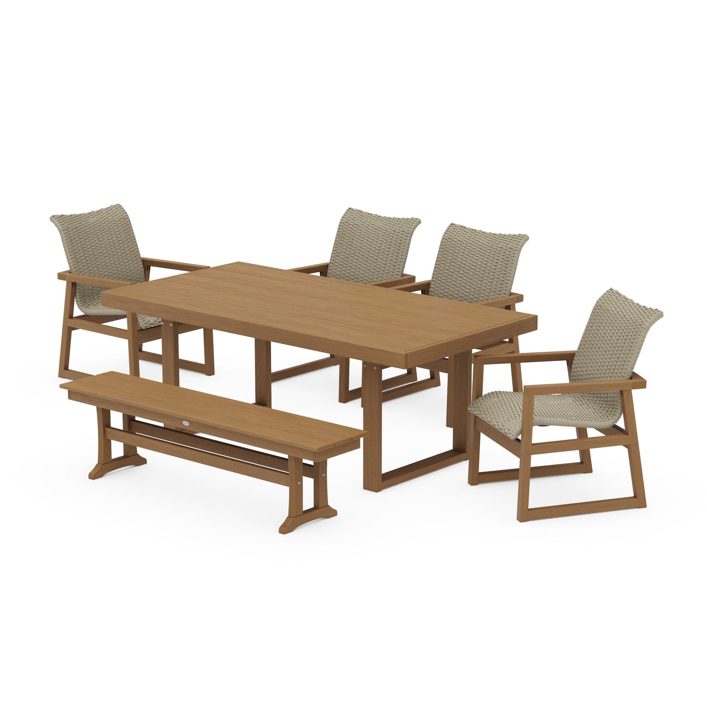 POLYWOOD EDGE Woven 6-Piece Dining Set with Bench — Natural / Dune Grass