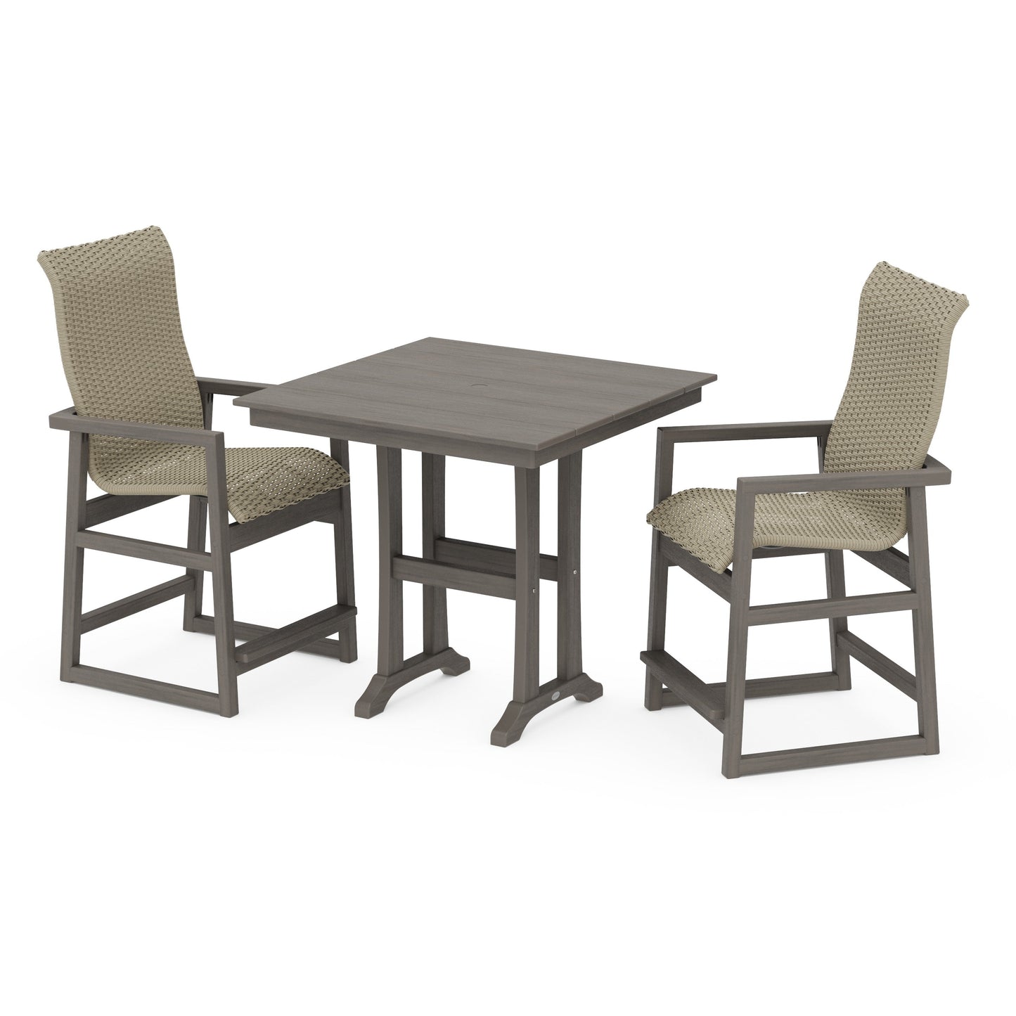 POLYWOOD EDGE Woven Highback 3-Piece Farmhouse Counter Set with Trestle Legs — Driftwood / Dune Grass