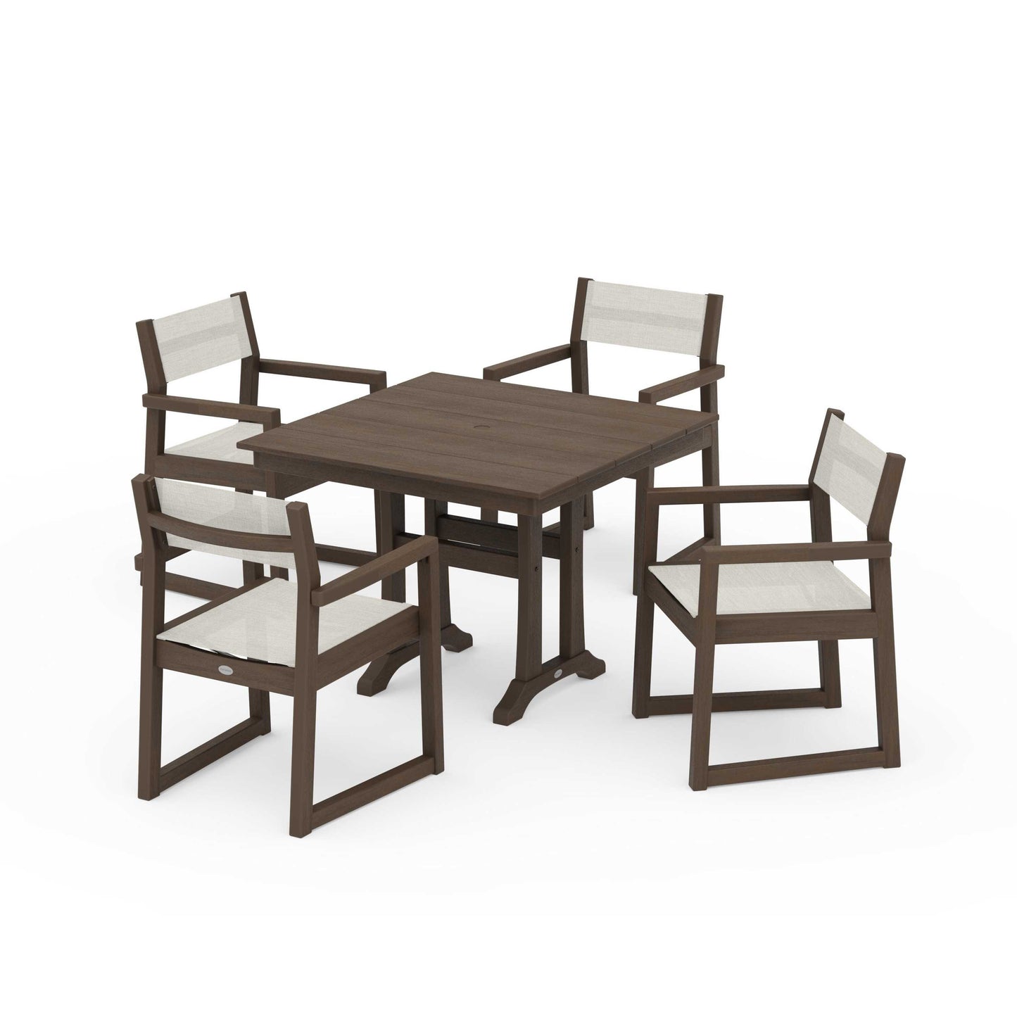 POLYWOOD EDGE Sling 5-Piece Farmhouse Dining Set with Trestle Legs — Kona / Parchment Sling