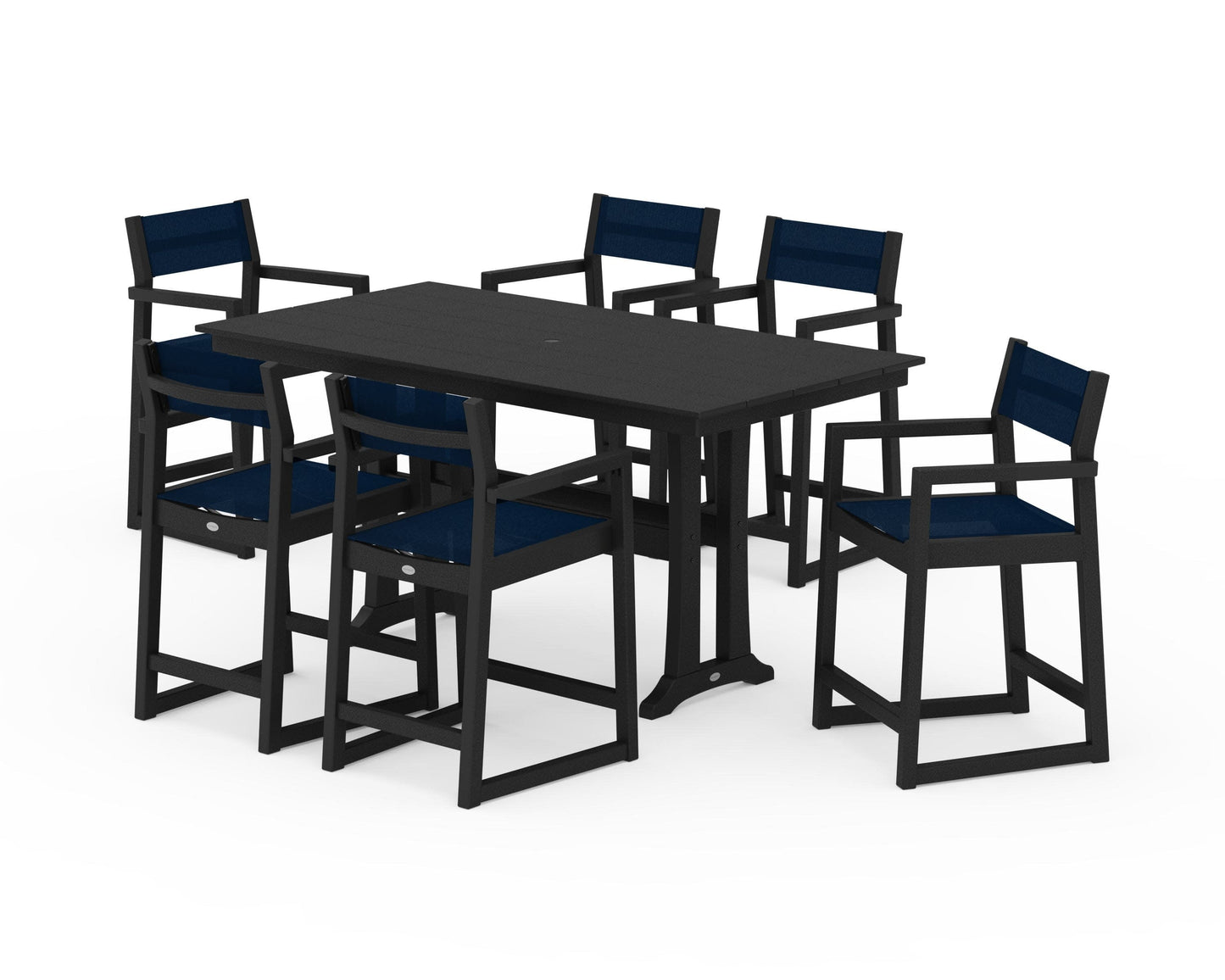 POLYWOOD EDGE Sling Arm Chair 7-Piece Farmhouse Counter Set with Trestle Legs — Black / Navy Blue Sling