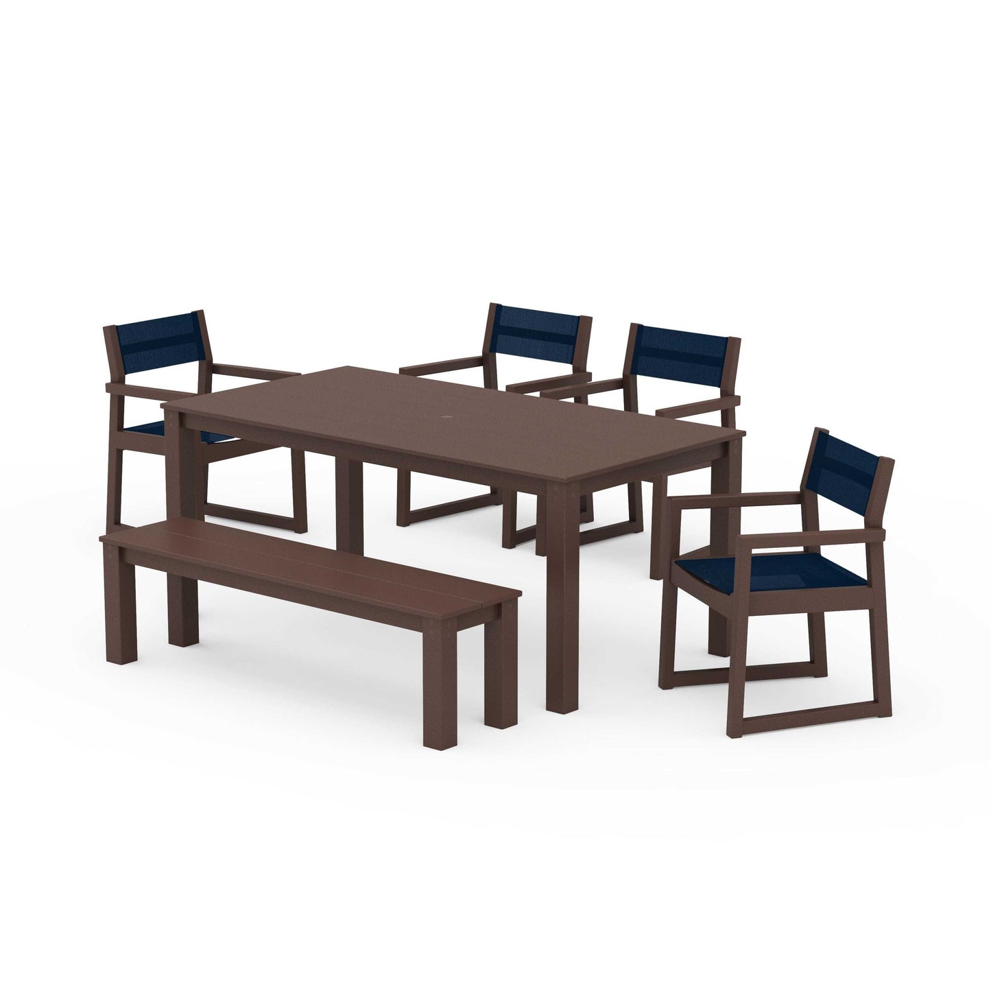 POLYWOOD EDGE Sling Arm Chair 6-Piece Parsons Dining Set with Bench — Mahogany / Navy Blue Sling