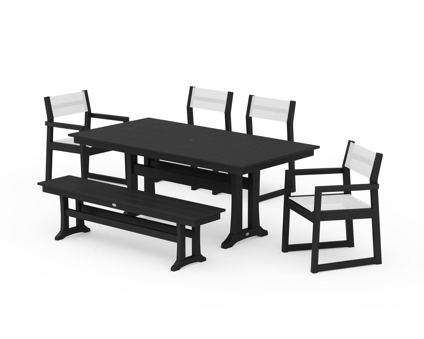 POLYWOOD EDGE Sling 6-Piece Farmhouse Dining Set With Trestle Legs — Black / White Sling