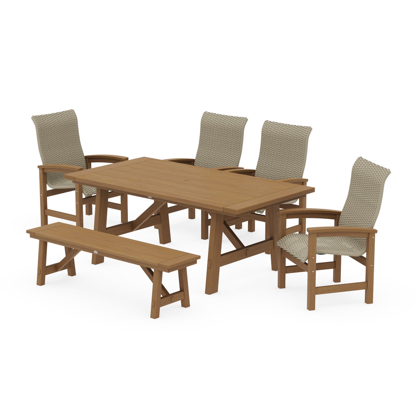 POLYWOOD Coastal Woven High-Back 6-Piece Rustic Farmhouse Dining Set with Bench — Natural / Dune Grass