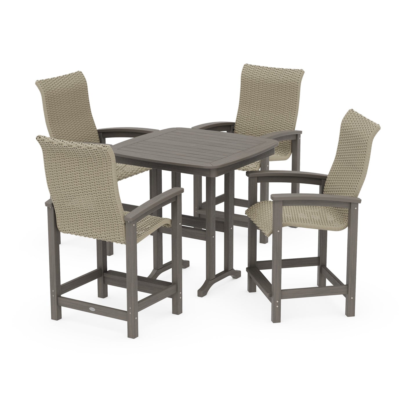 POLYWOOD Coastal Woven High-Back 5-Piece Counter Set — Driftwood / Dune Grass