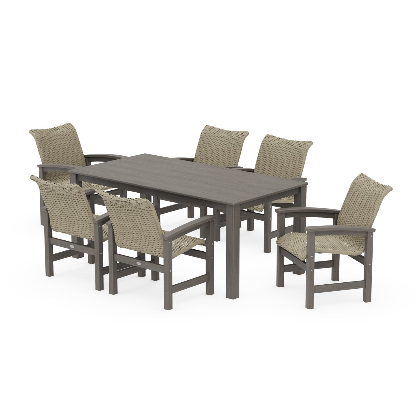 POLYWOOD Coastal Woven Arm Chair 7-Piece Parsons Dining Set — Driftwood / Dune Grass