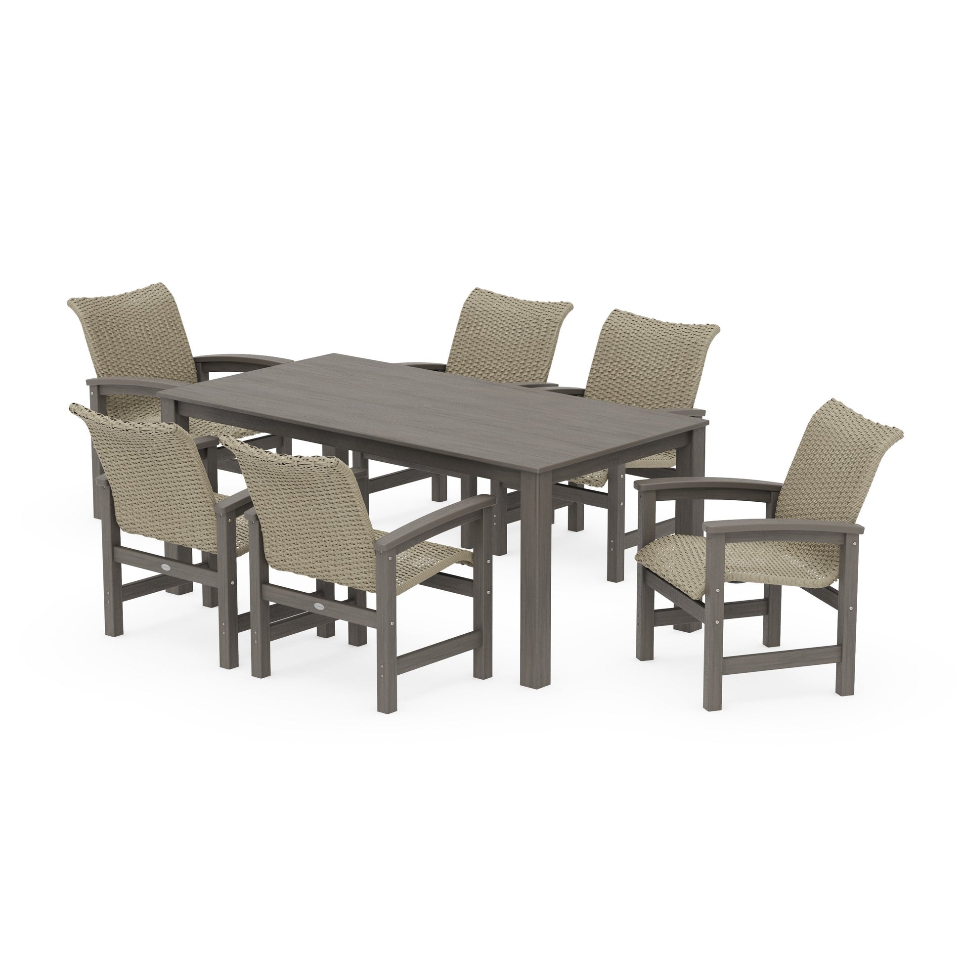 POLYWOOD Coastal Woven Arm Chair 7-Piece Parsons Dining Set — Driftwood / Dune Grass