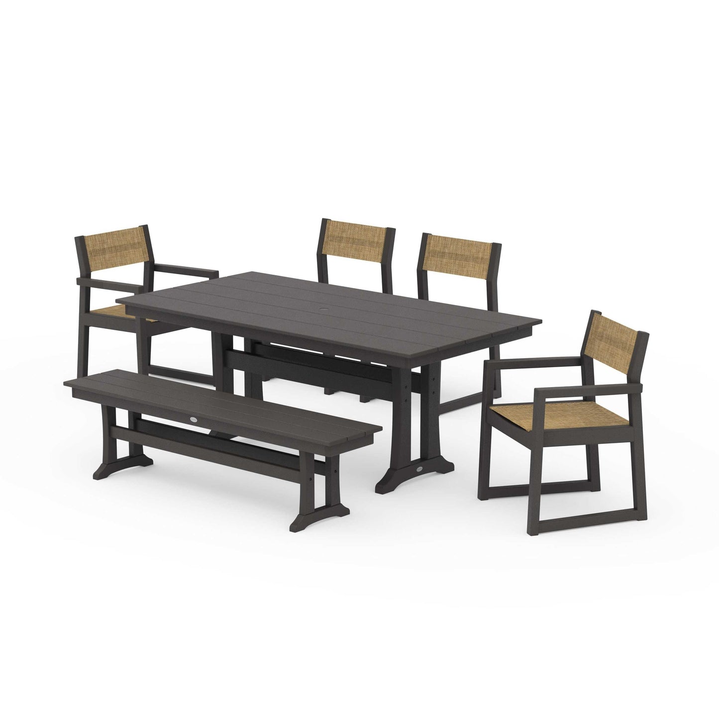 POLYWOOD EDGE Sling 6-Piece Farmhouse Dining Set With Trestle Legs — Vintage Coffee / Burlap Sling