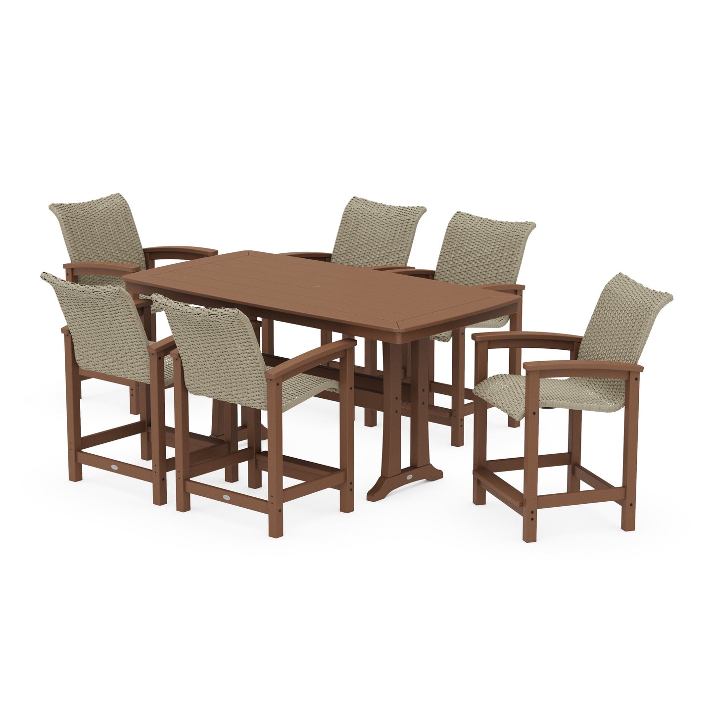 POLYWOOD Coastal Woven Arm Chair 7-Piece Counter Set with Trestle Legs — Teak / Dune Grass