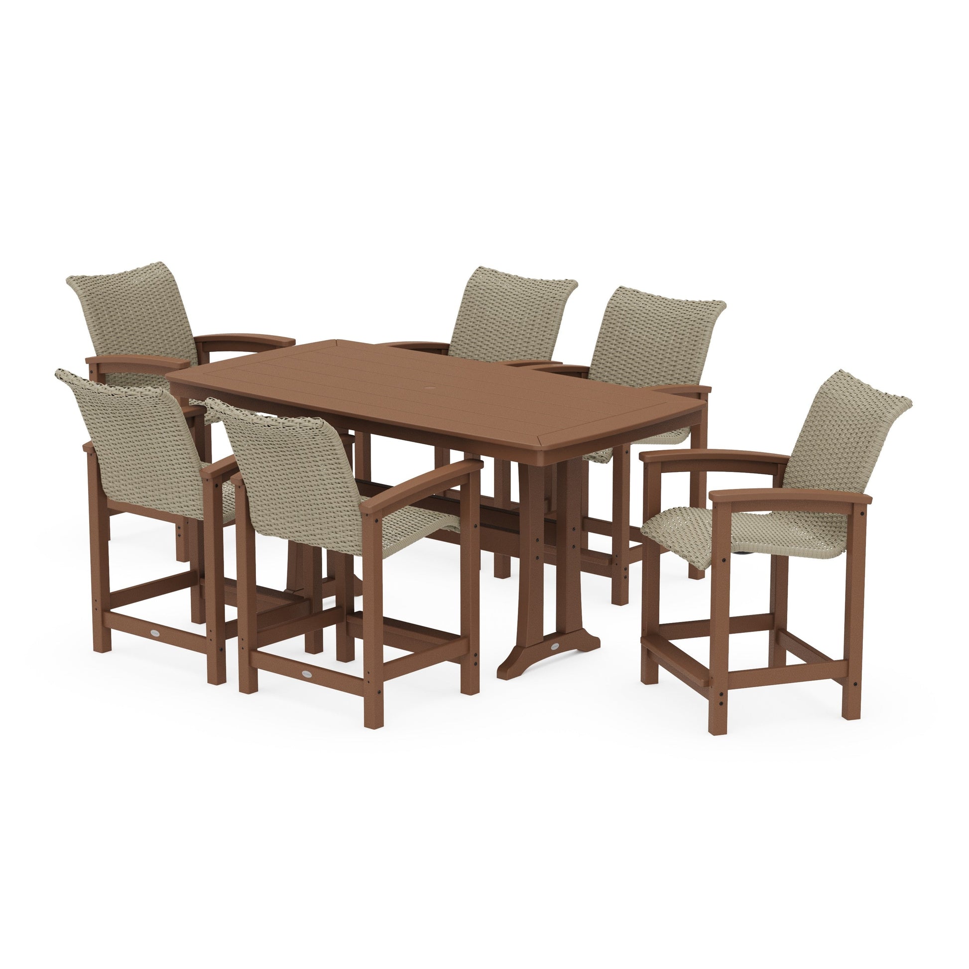 POLYWOOD Coastal Woven Arm Chair 7-Piece Counter Set with Trestle Legs — Teak / Dune Grass
