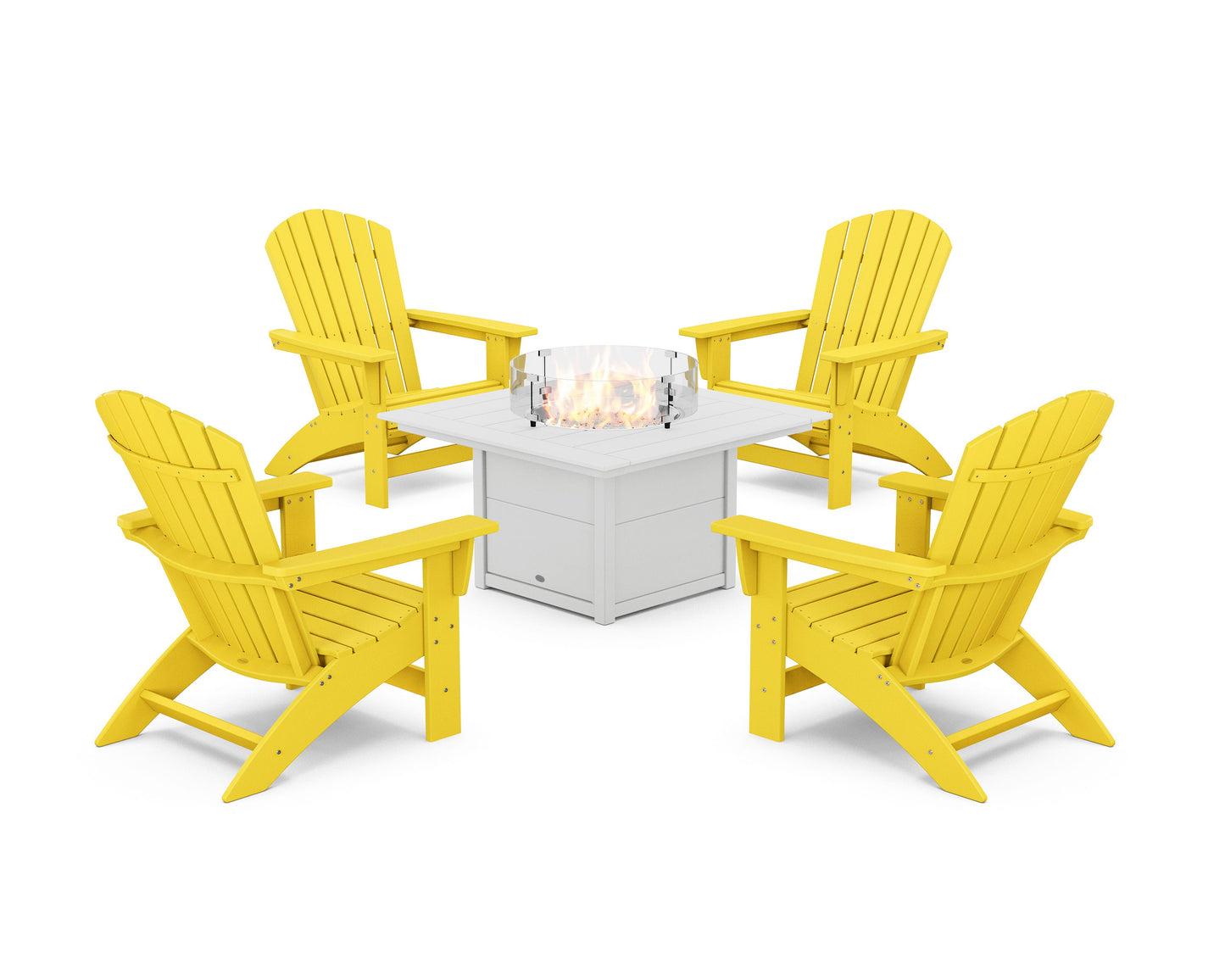POLYWOOD 5-Piece Nautical Grand Adirondack Conversation Set with Fire Pit Table — Lemon / White