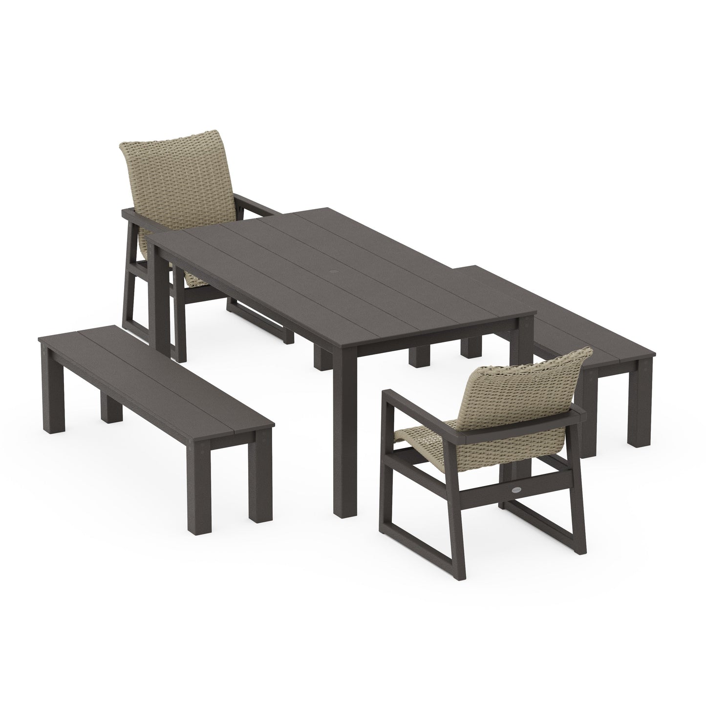 POLYWOOD EDGE Woven 5-Piece Parsons Dining Set with Benches — Vintage Coffee / Dune Grass