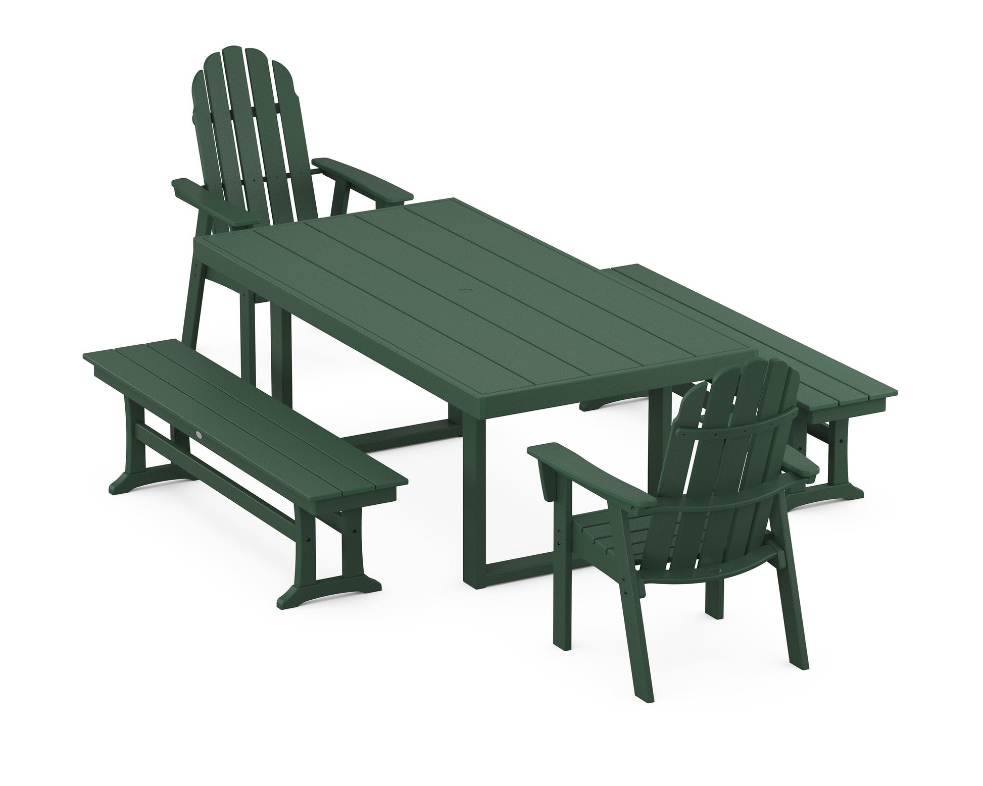 POLYWOOD Vineyard Adirondack 5-Piece Dining Set with Benches — Green