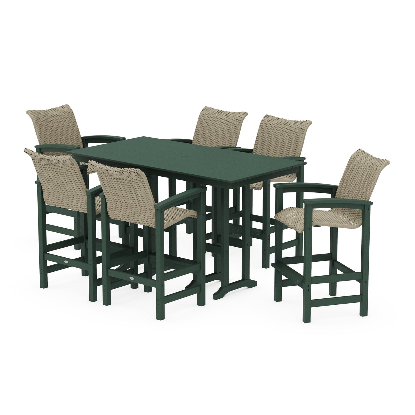 POLYWOOD Coastal Woven Arm Chair 7-Piece Farmhouse Bar Set — Green / Dune Grass