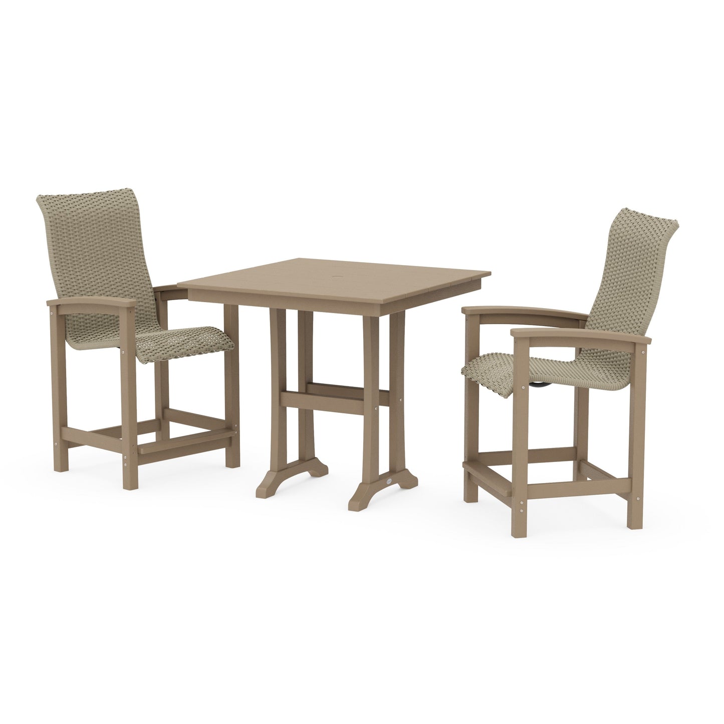 POLYWOOD Coastal Woven High-Back 3-Piece Farmhouse Counter Set with Trestle Legs — Vintage Sahara / Dune Grass