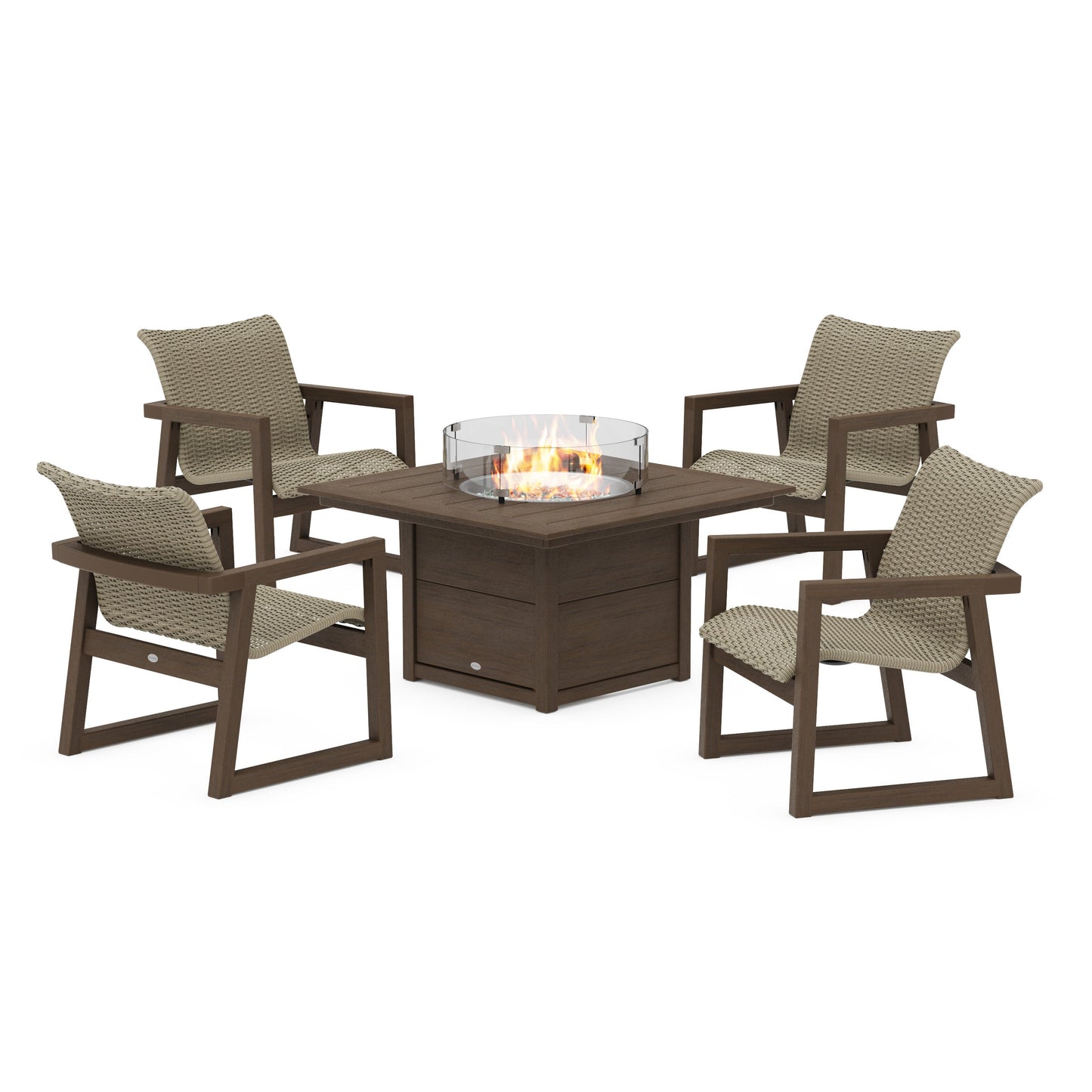 POLYWOOD EDGE Woven 5-Piece Lounge Chair Seating Set with Fire Pit Table — Kona / Dune Grass
