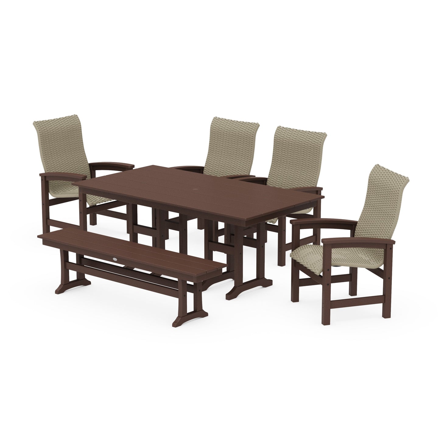 POLYWOOD Coastal Woven High-Back 6-Piece Farmhouse Dining Set with Bench — Mahogany / Dune Grass